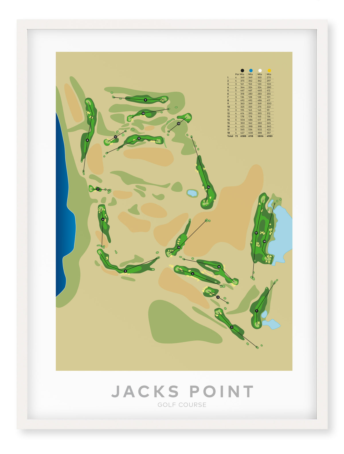 White framed minimalist fine art map of Jacks Point Golf Course, Queenstown Lakes, Otago, New Zealand