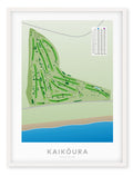 White framed Minimalist fine art map of Kaikoura Golf Course, Canterbury, New Zealand