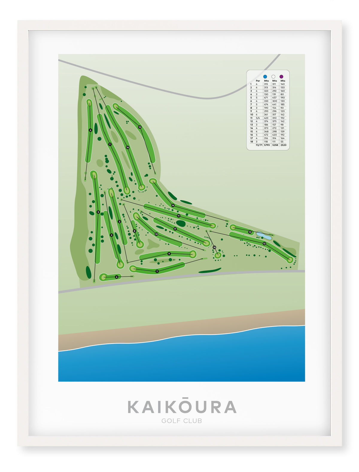 White framed Minimalist fine art map of Kaikoura Golf Course, Canterbury, New Zealand