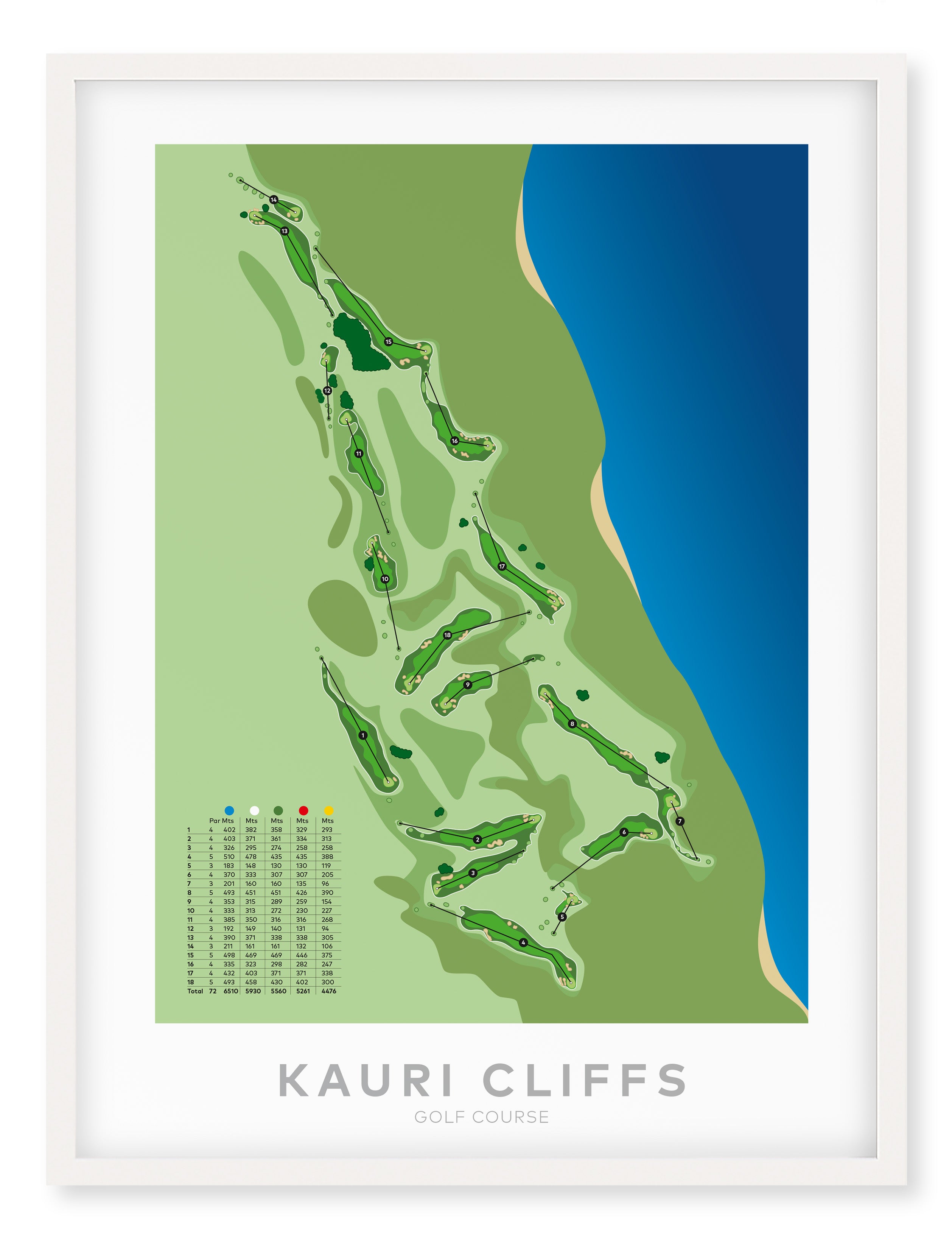 White framed minimalist fine art map of Kauri Cliffs Golf Course, Northland, New Zealand