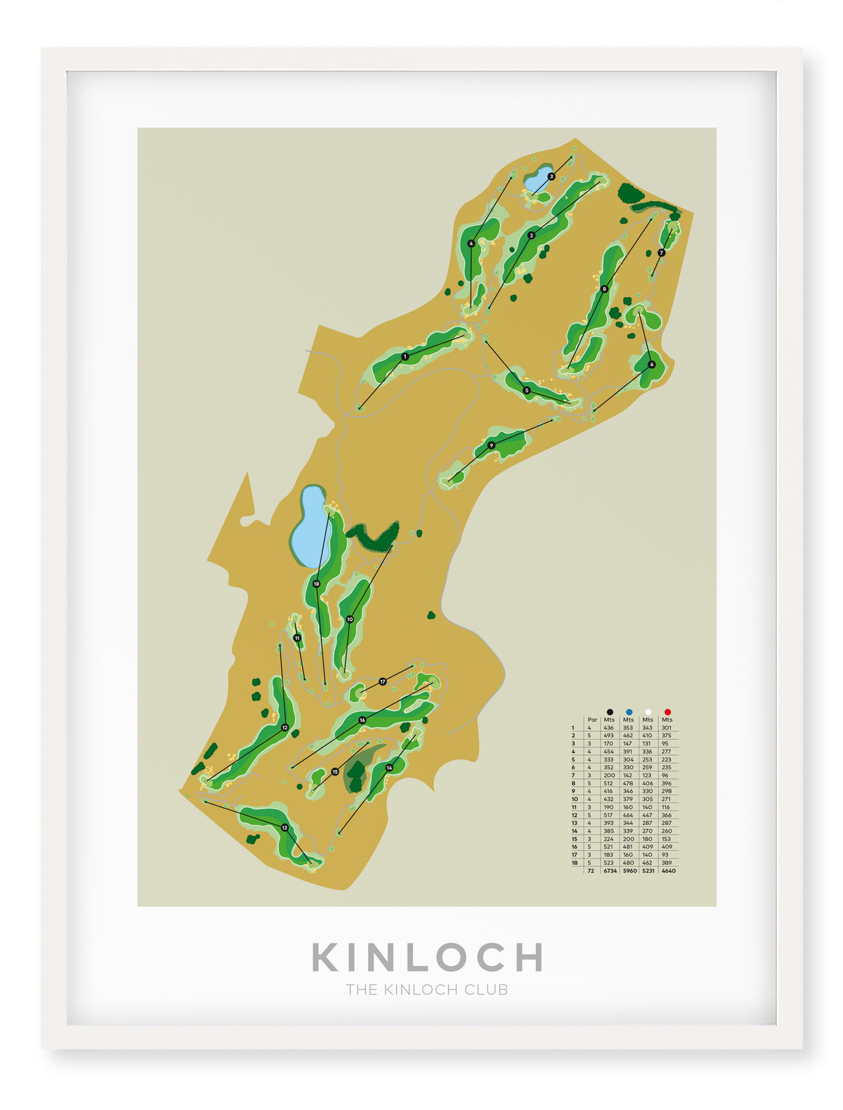White framed minimalist fine art map of Kinloch Golf Course, Taupo, New Zealand