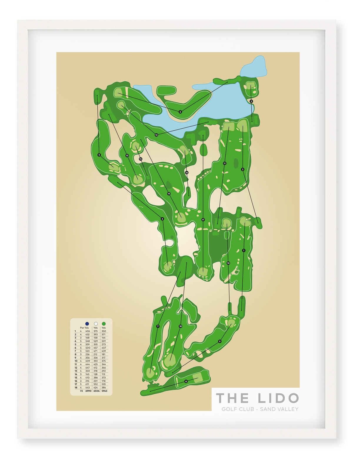White framed Minimalist fine art map of The Lido Golf Course, Sand Valley, Wisconsin, USA