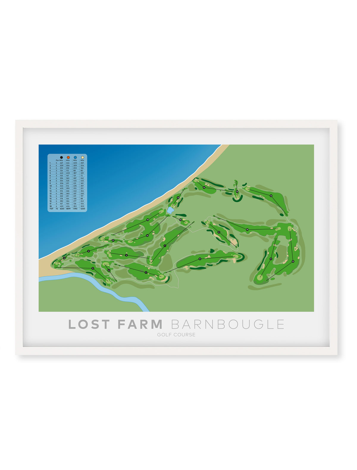 White framed Minimalist fine art map of Lost Farm Golf Course, Tasmania, Australia-australia-golf-art