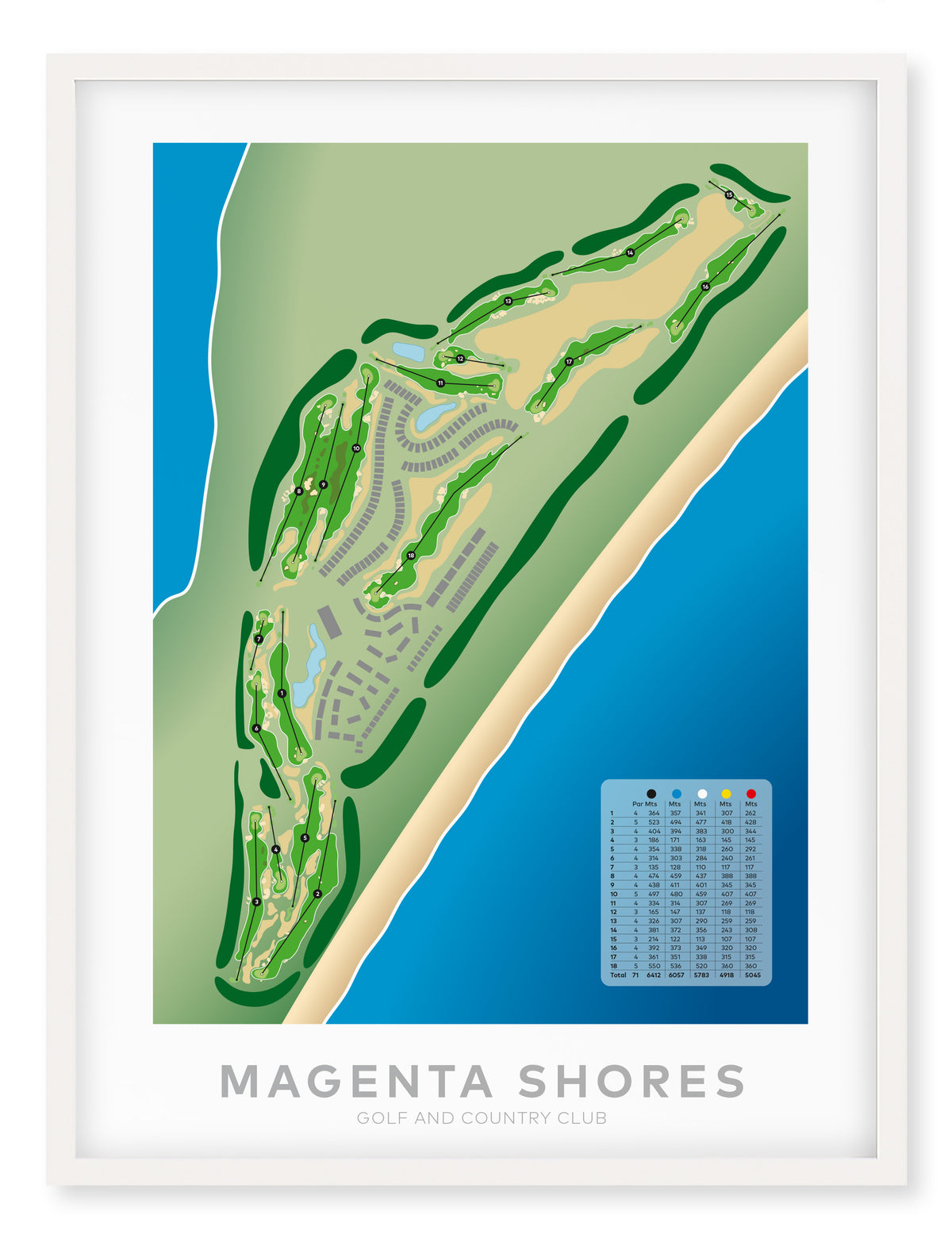 White framed minimalist fine art map of Magenta Shores Golf Course, Central Coast, NSW, New South Wales, Australia-australia-golf-art