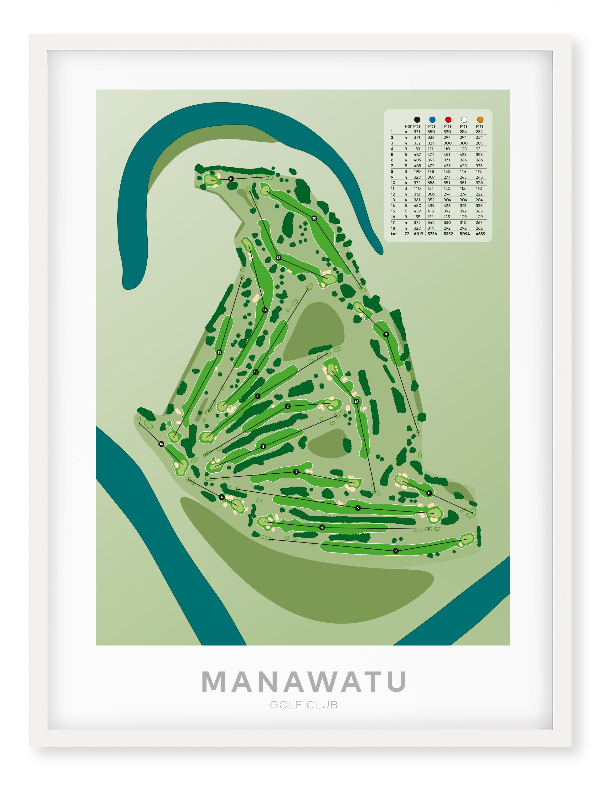 White framed minimalist fine art map of Manawatu Golf Course, Palmerston North, Taranaki, New Zealand.
