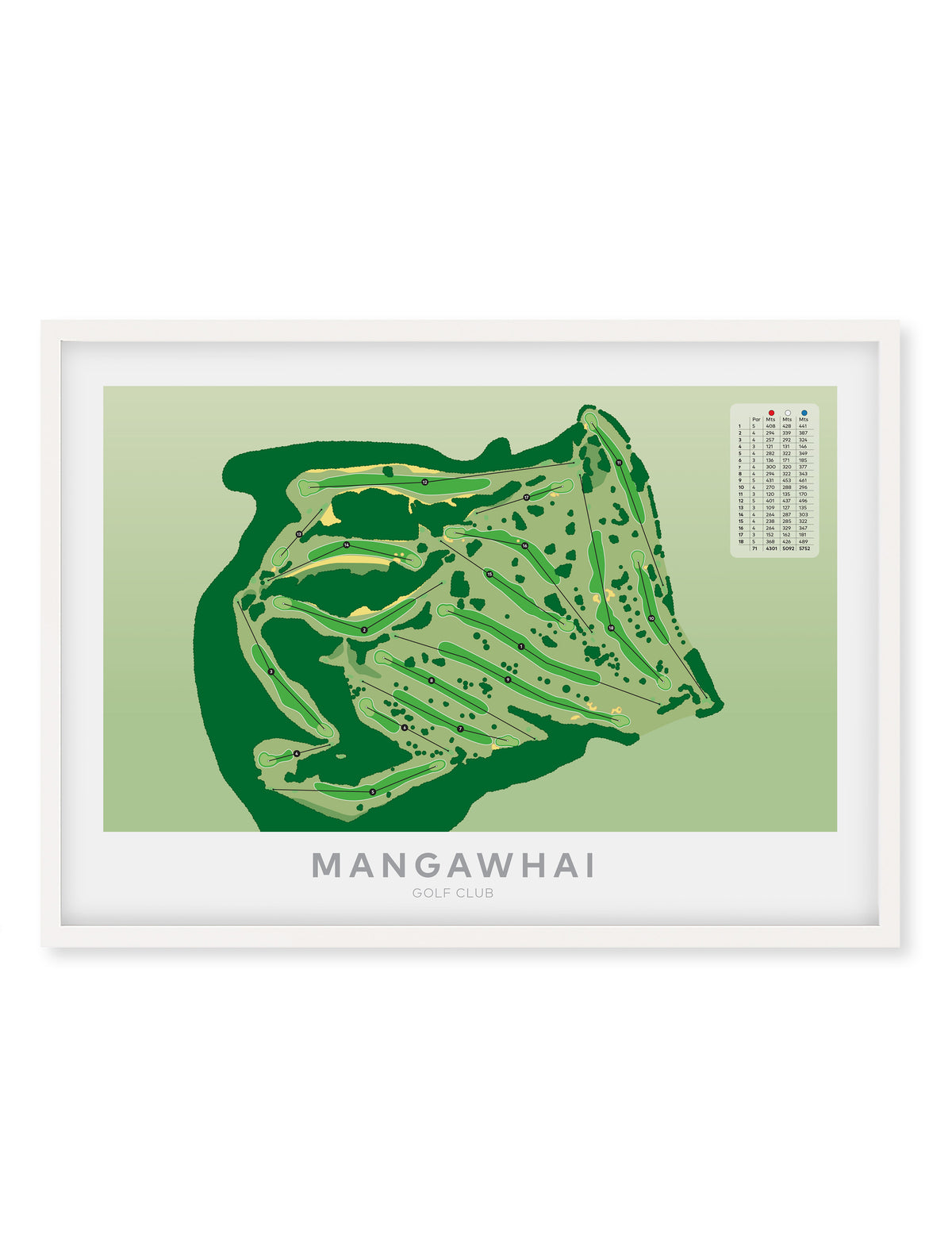 White framed Minimalist fine art map of Mangawhai Golf Course, Northland, New Zealand