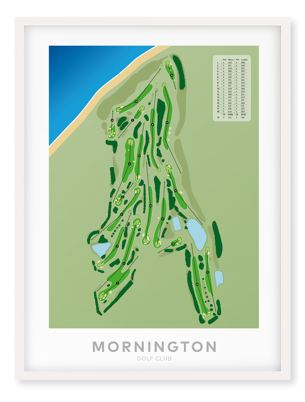White framed minimalist fine art map of Mornington (VIC) Golf Course, Melbourne, Victoria, Australia-australia-golf-art