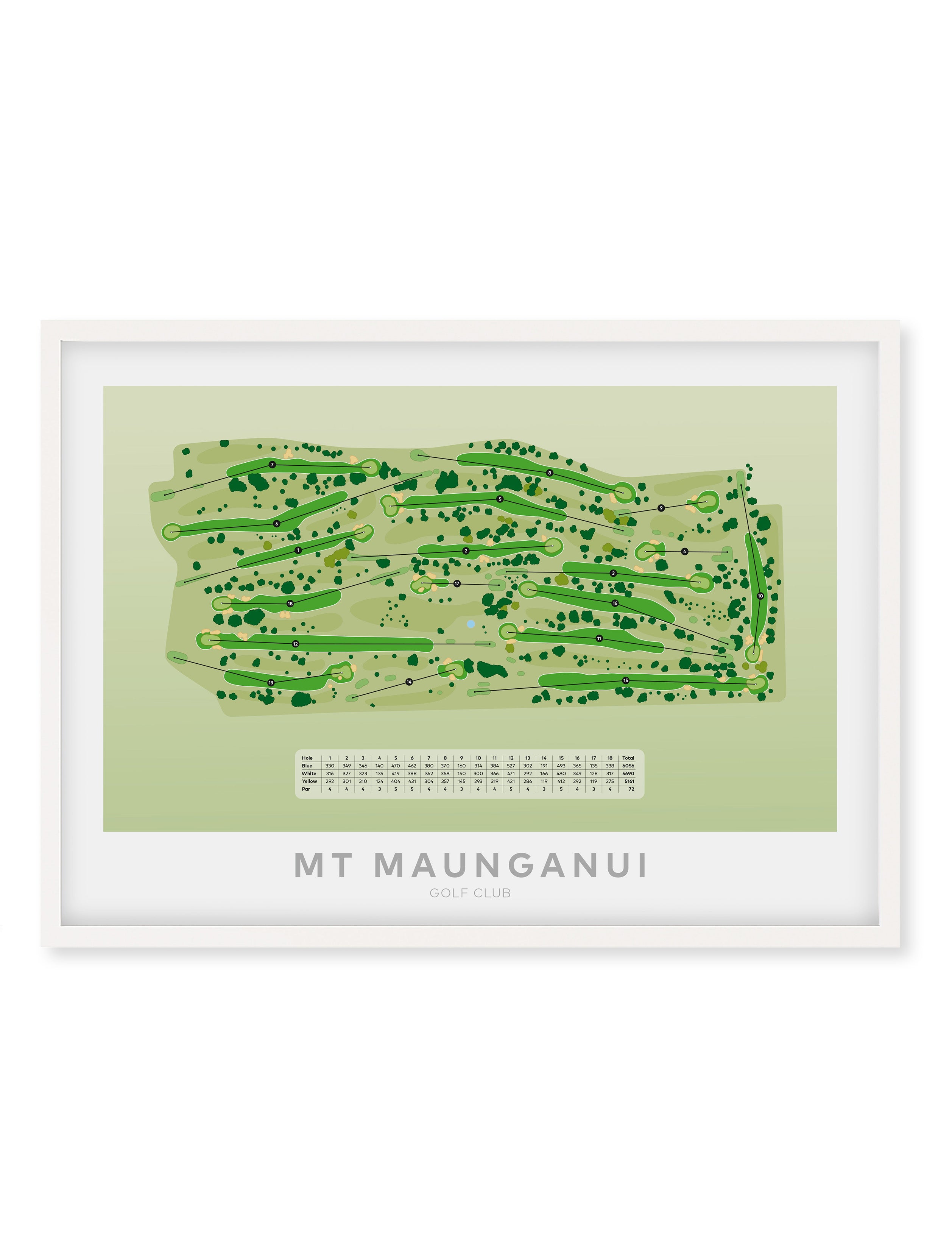 White framed minimalist fine art map of Mount Maunganui Golf Course, Bay of Plenty, BOP, New Zealand
