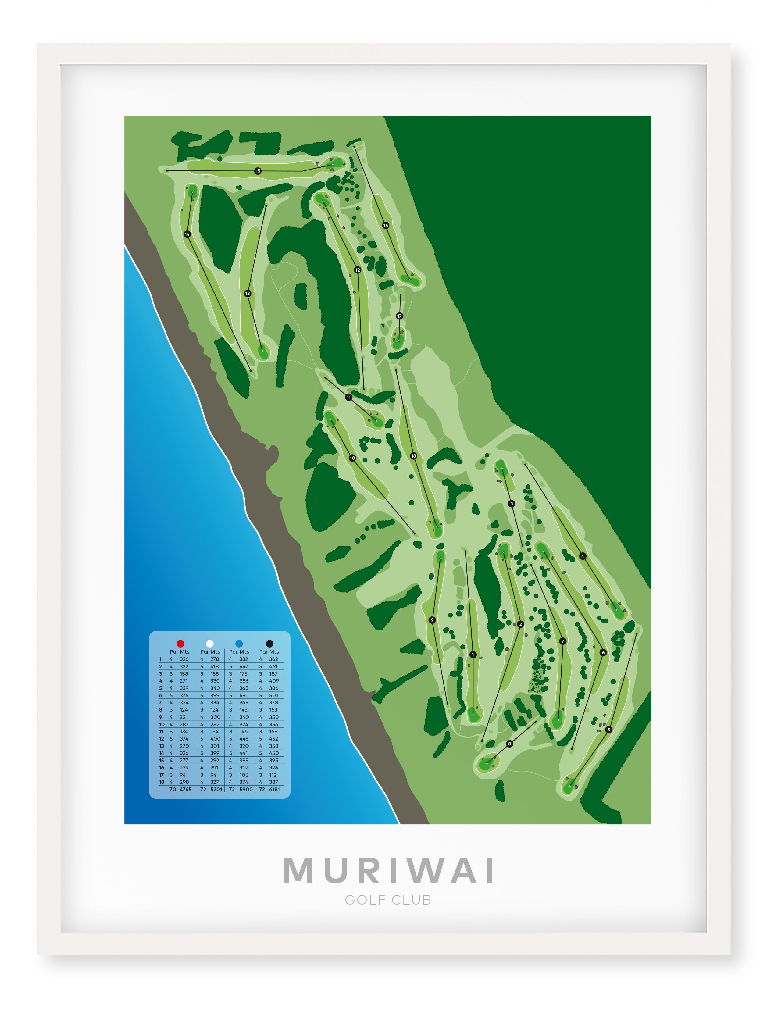 White framed minimalist fine art map of Muriwai Golf Course, West Auckland, New Zealand