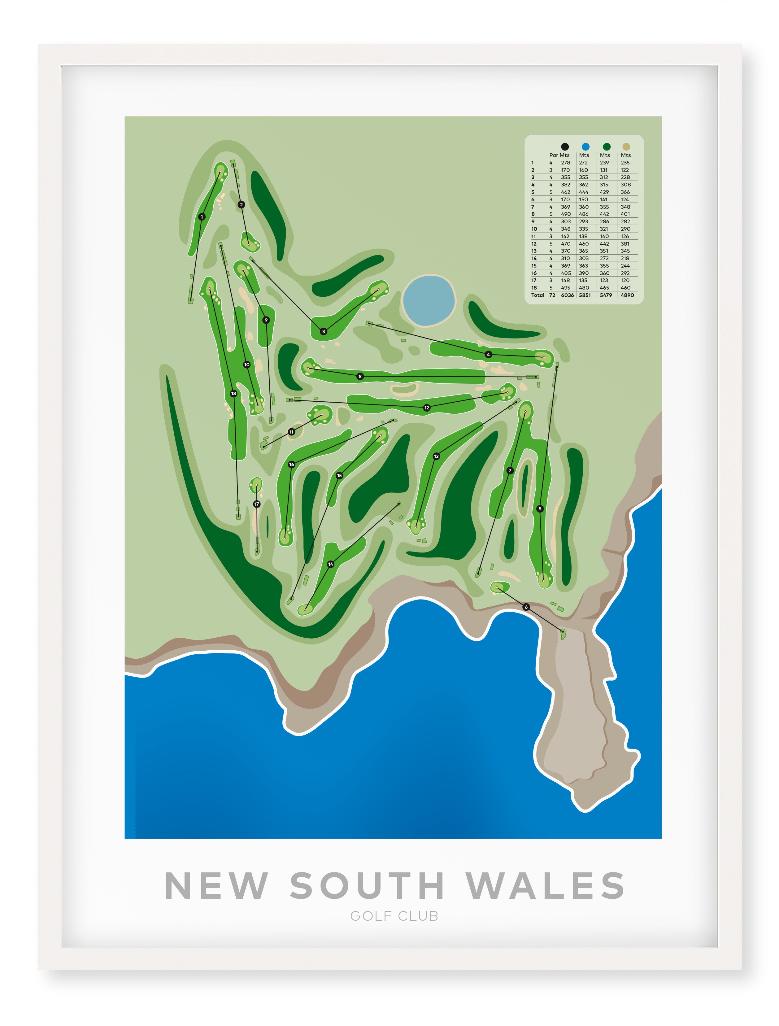 White framed minimalist fine art map of New South Wales Golf Course, Sydney, NSW, Australia-australia-golf-art