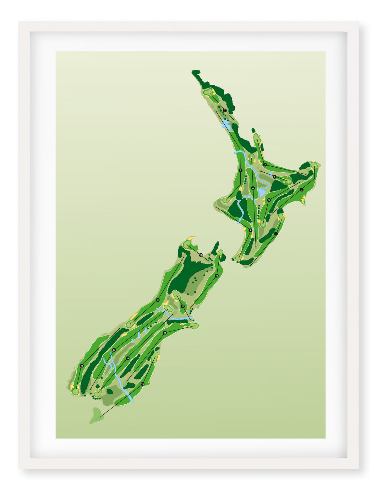 White framed Minimalist fine art map of New Zealand Golf Course concept artwork
