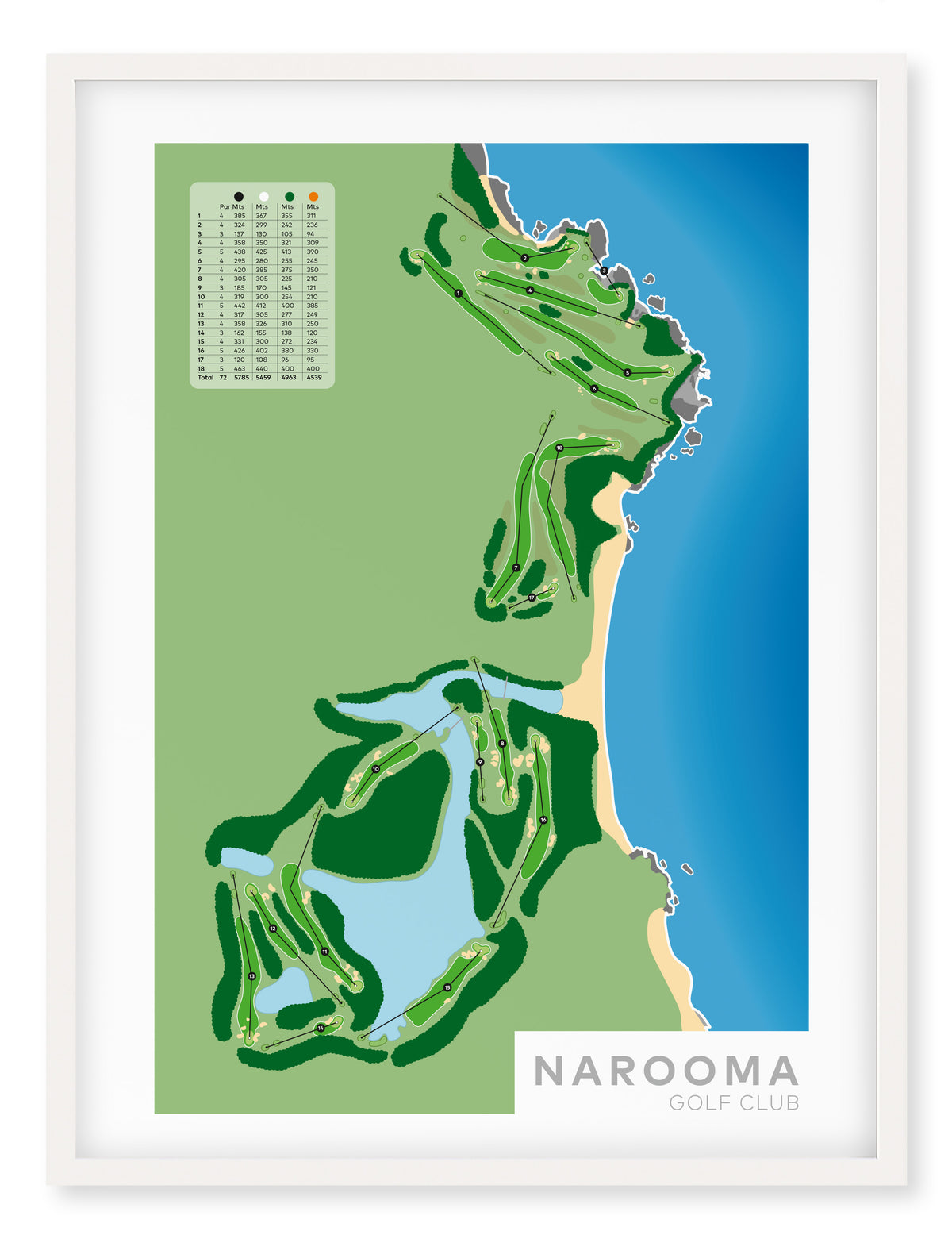 White framed minimalist fine art map of Narooma Golf Course, Eurobodalla Shire, South Coast Region, Australia-australia-golf-art