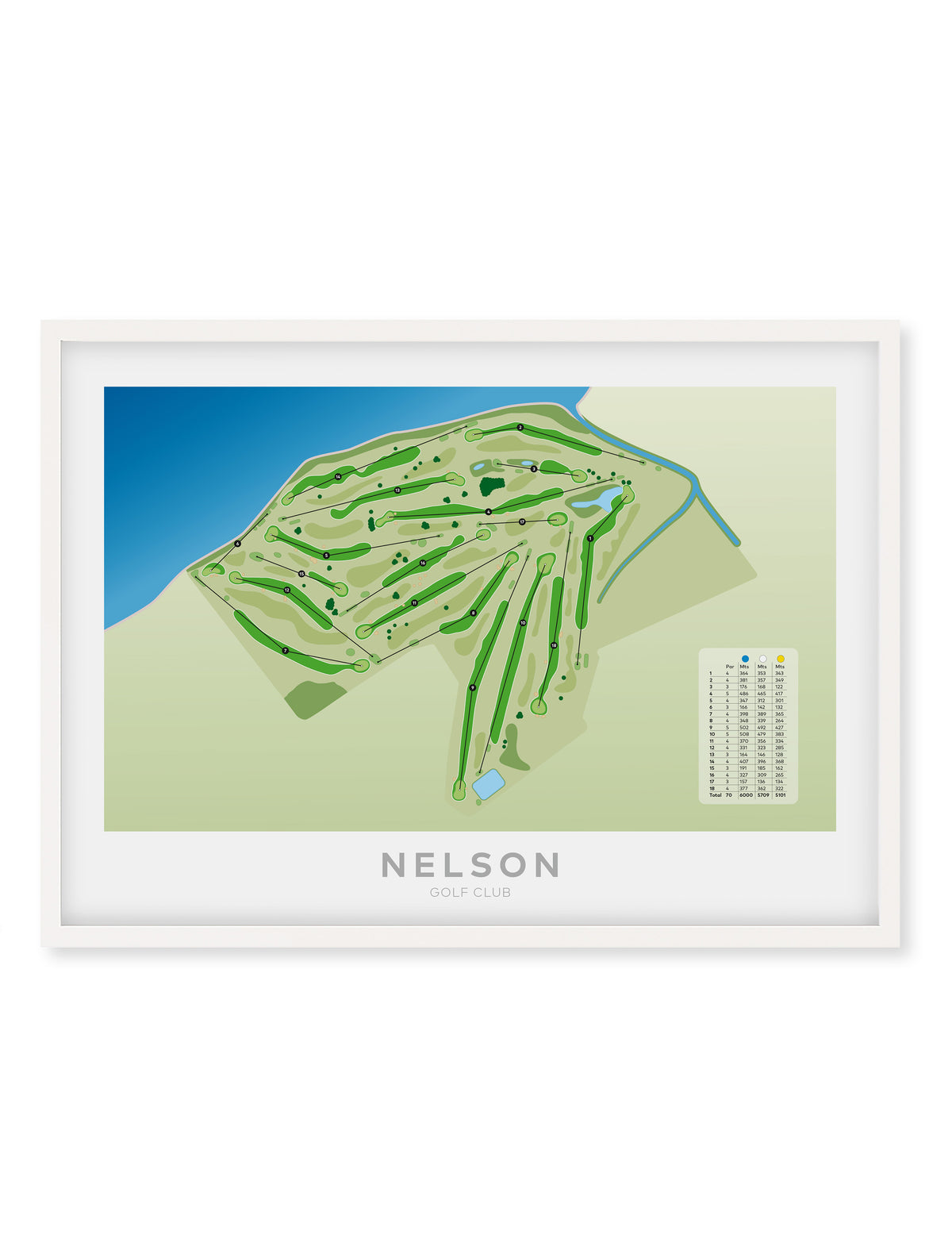 White framed Minimalist fine art map of Nelson Golf Course, Tasman Region, New Zealand