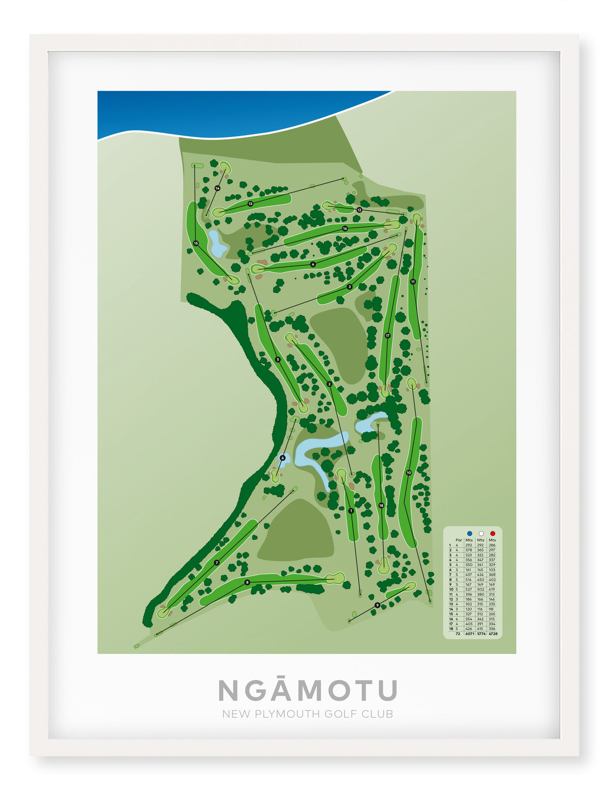 White framed minimalist fine art map of Ngamotu - New Plymouth Golf Course, Taranaki, New Zealand