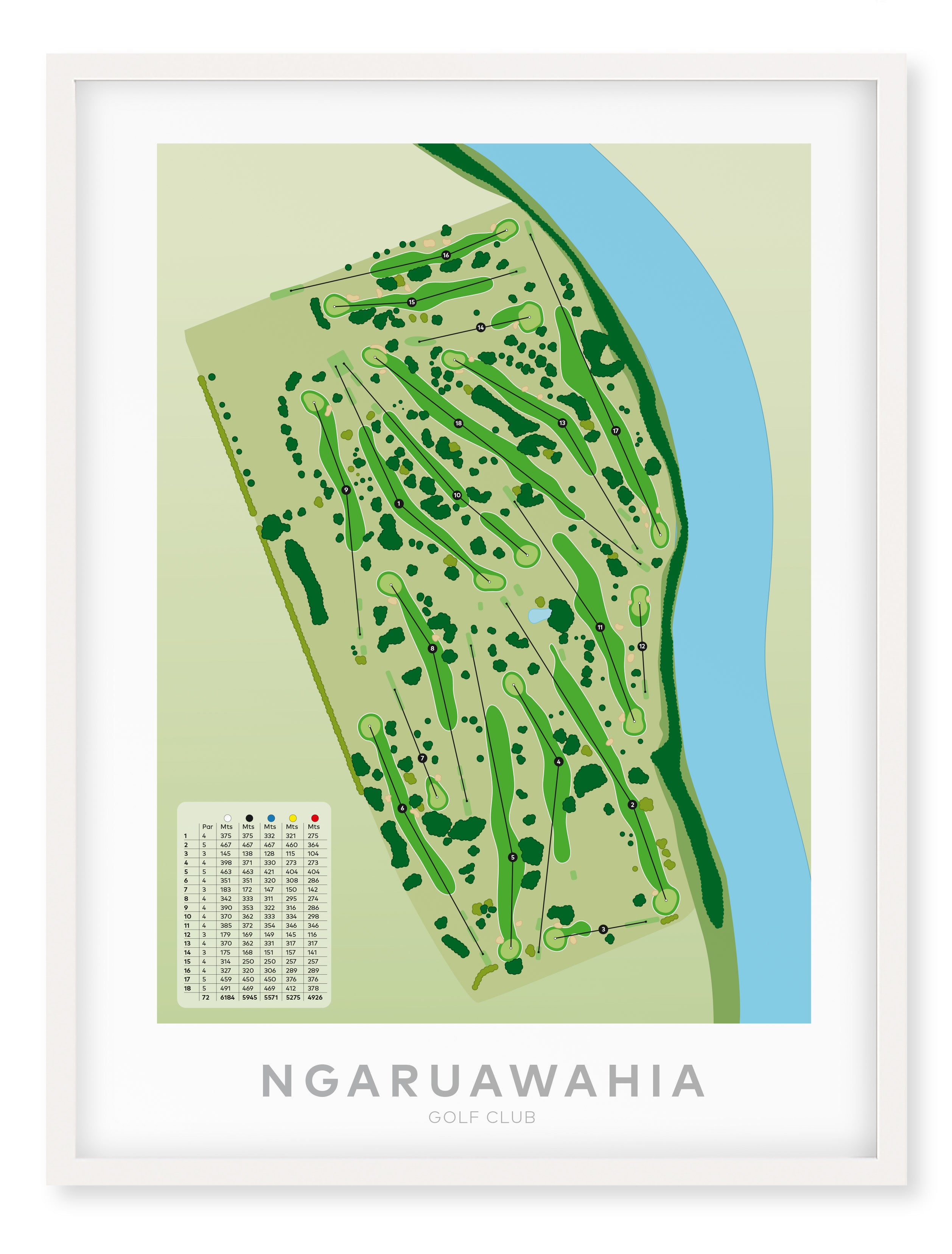 White framed Minimalist fine art map of Ngaruawahia Golf Course, Hamilton, Waikato, New Zealand