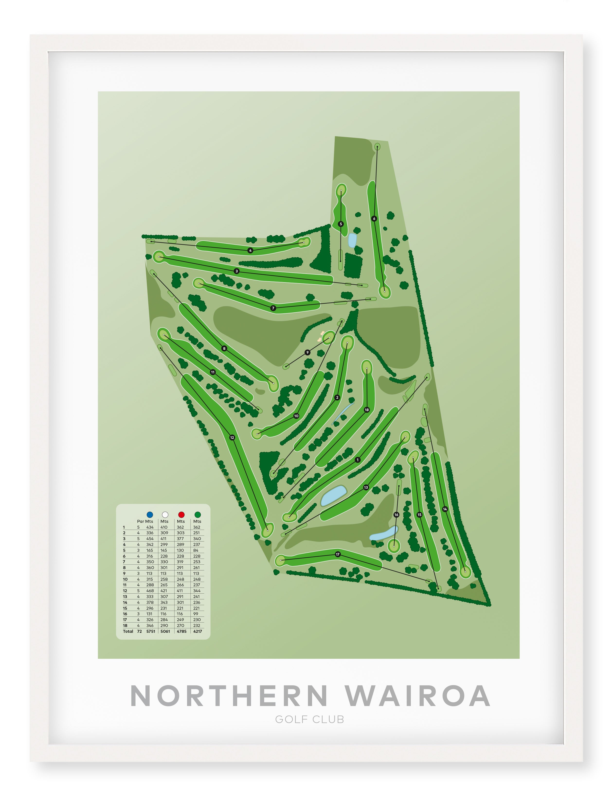 White framed minimalist fine art map of Northern Wairoa Golf Course, Northland, New Zealand