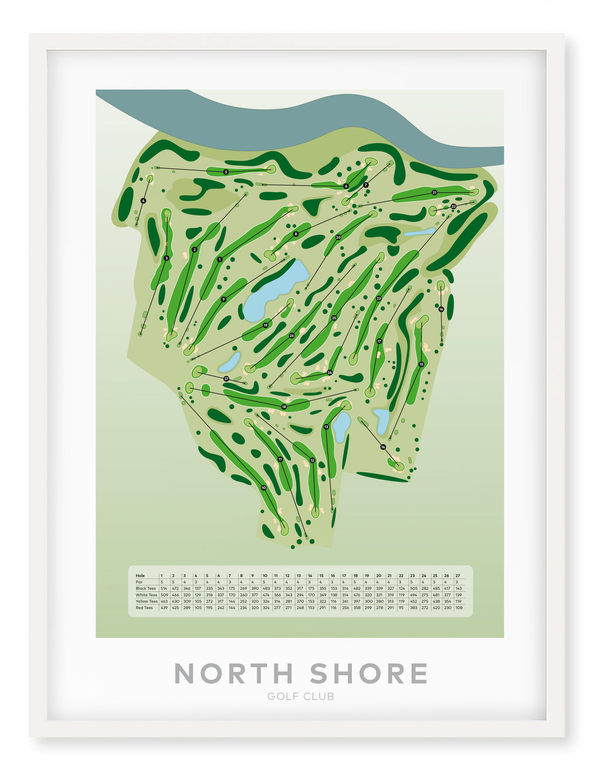 White framed Minimalist fine art map of North Shore Golf Course, Auckland, New Zealand