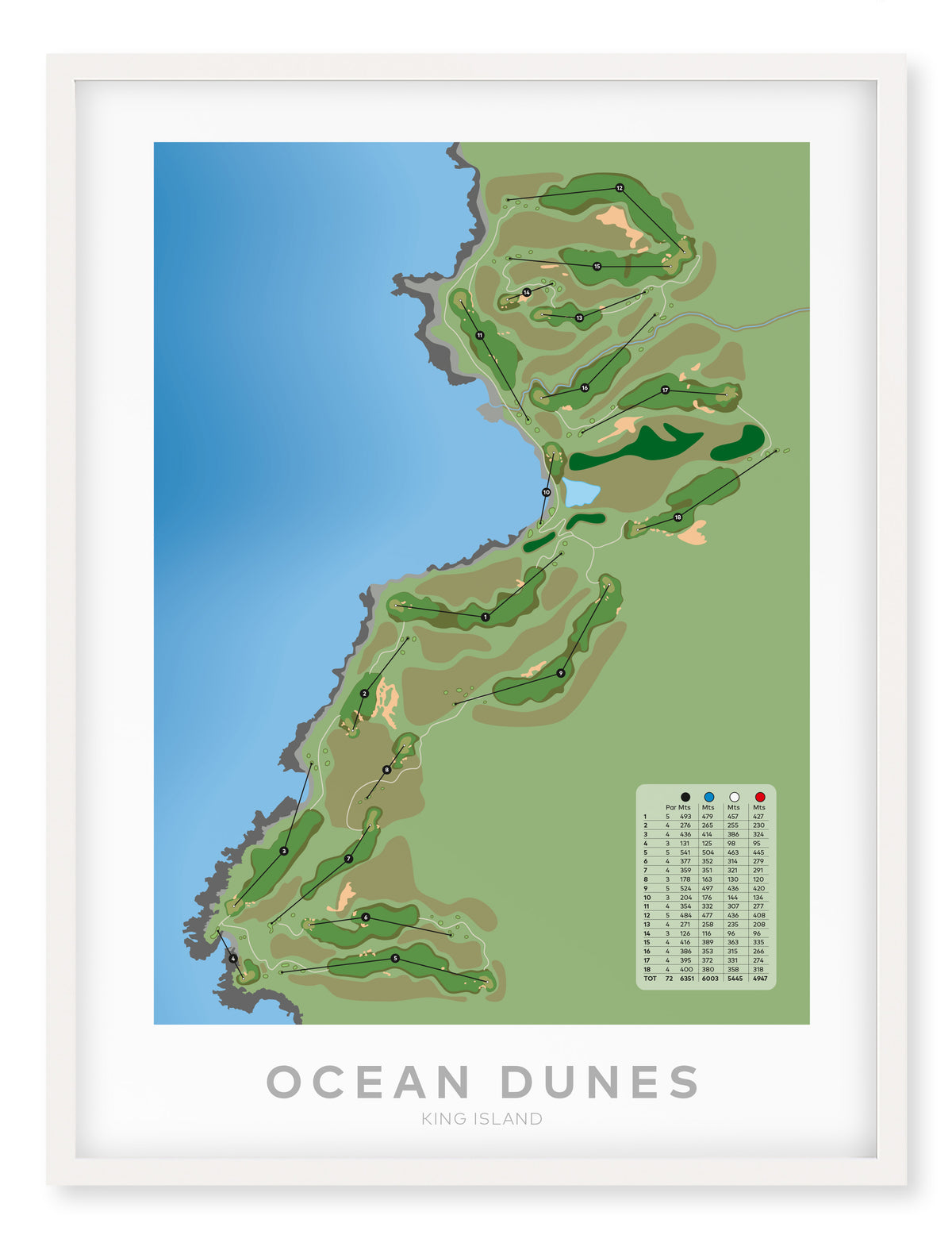 White framed minimalist fine art map of Ocean Dunes Golf Course, King Island, Tasmania, Australia-australia-golf-art