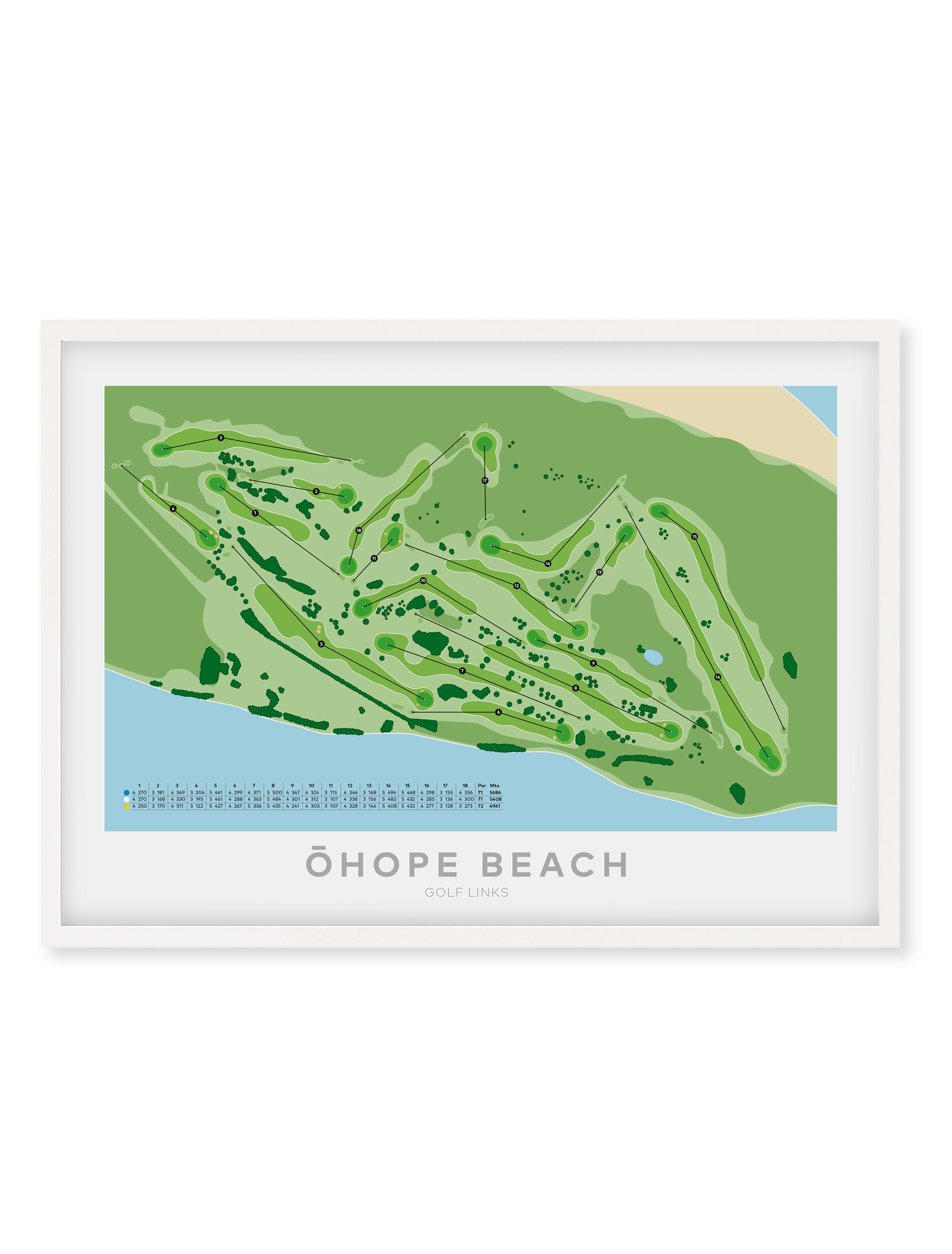White Framed Minimalist fine art map of Ohope Beach Golf Course, Bay of Plenty, New Zealand