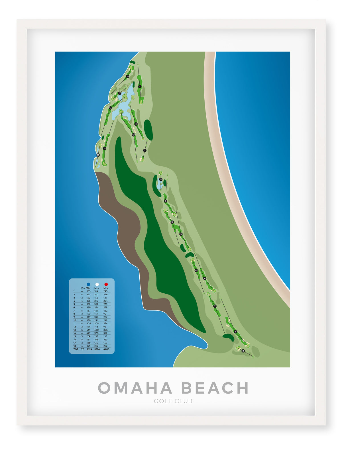 White framed Minimalist fine art map of Omaha Beach Golf Course, near Auckland, New Zealand