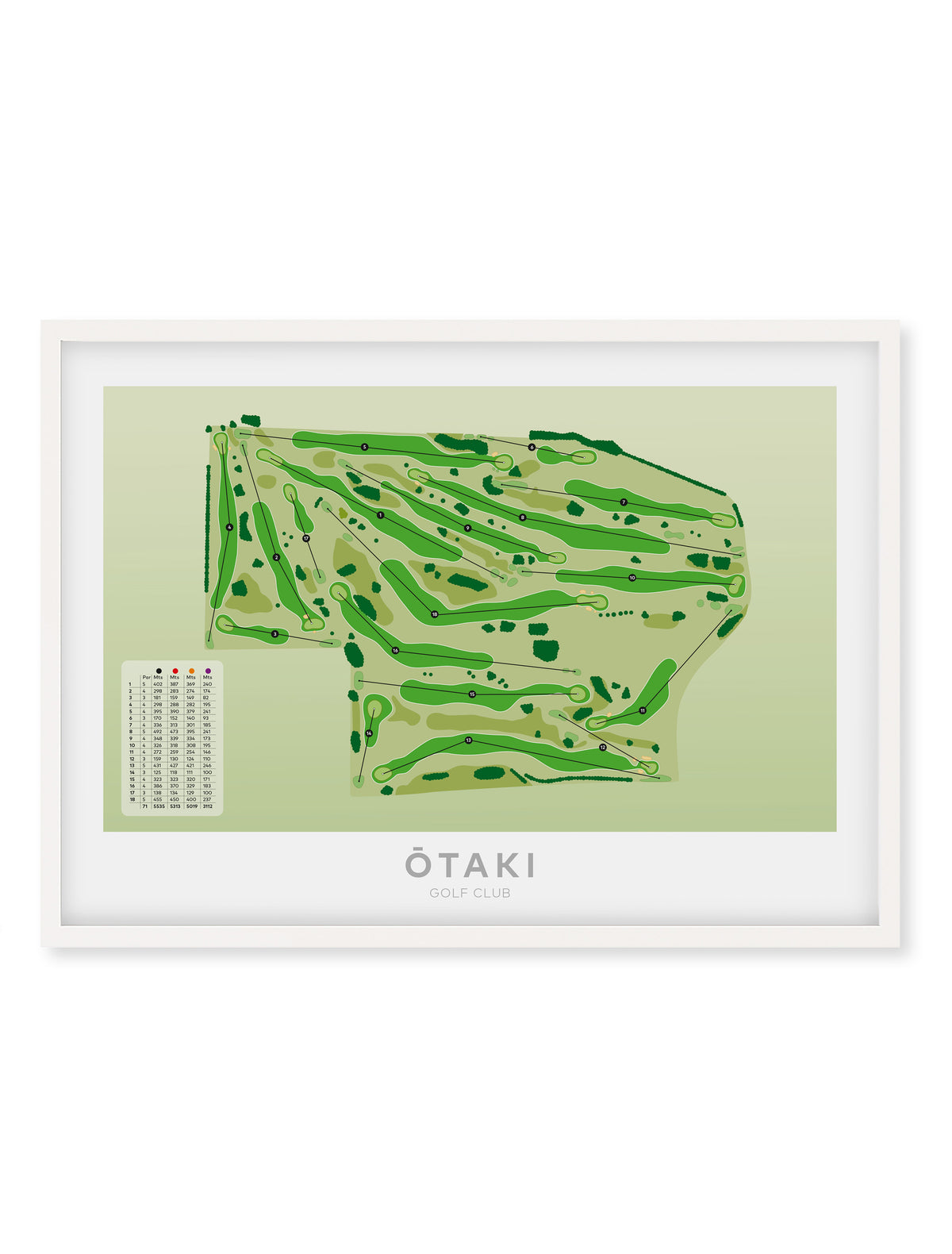 White Framed Minimalist fine art map of Otaki Golf Course, Kapiti, New Zealand