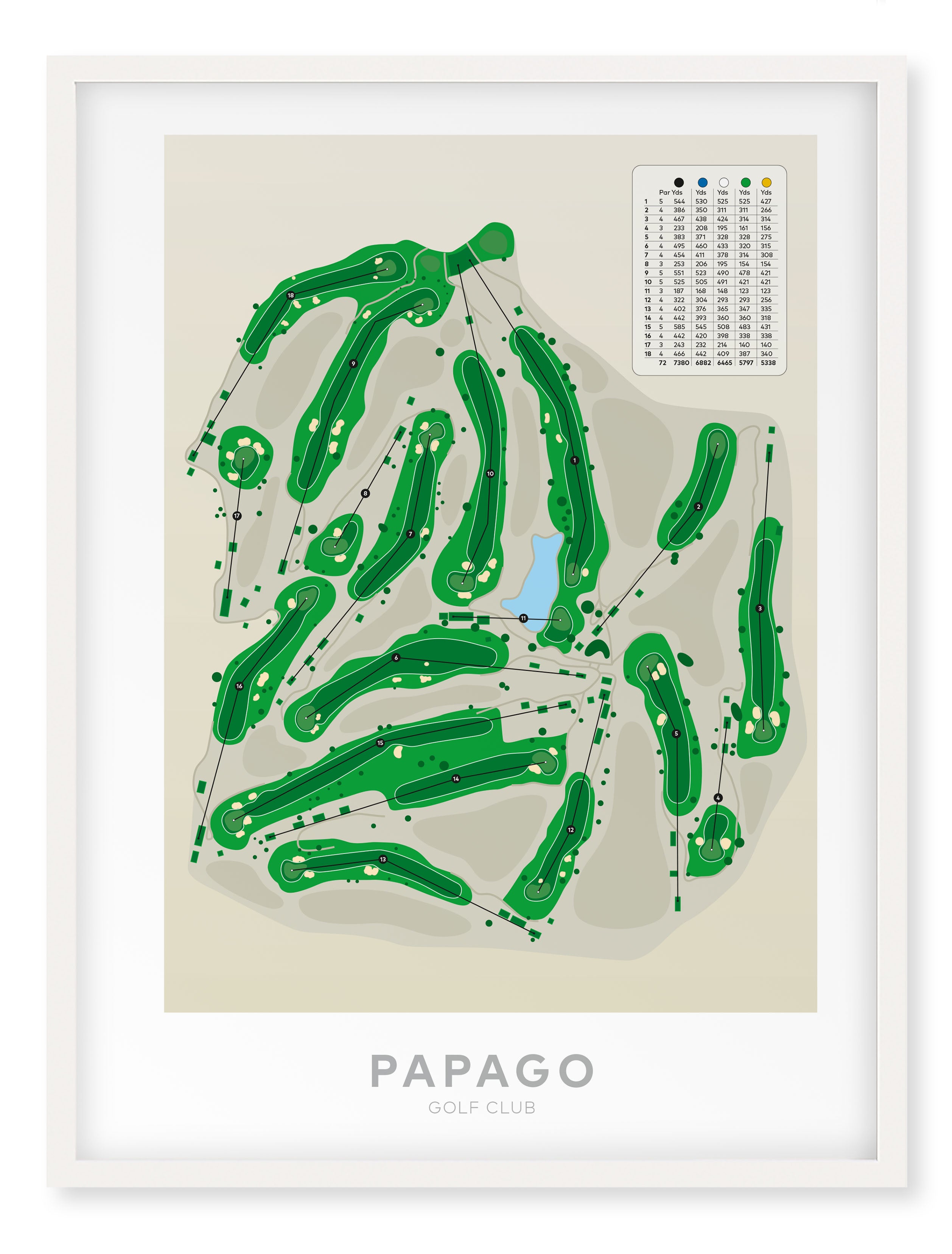 White framed golf course map print for Papago Golf Club, featuring green fairways and hazards on a light beige background with a white frame.
