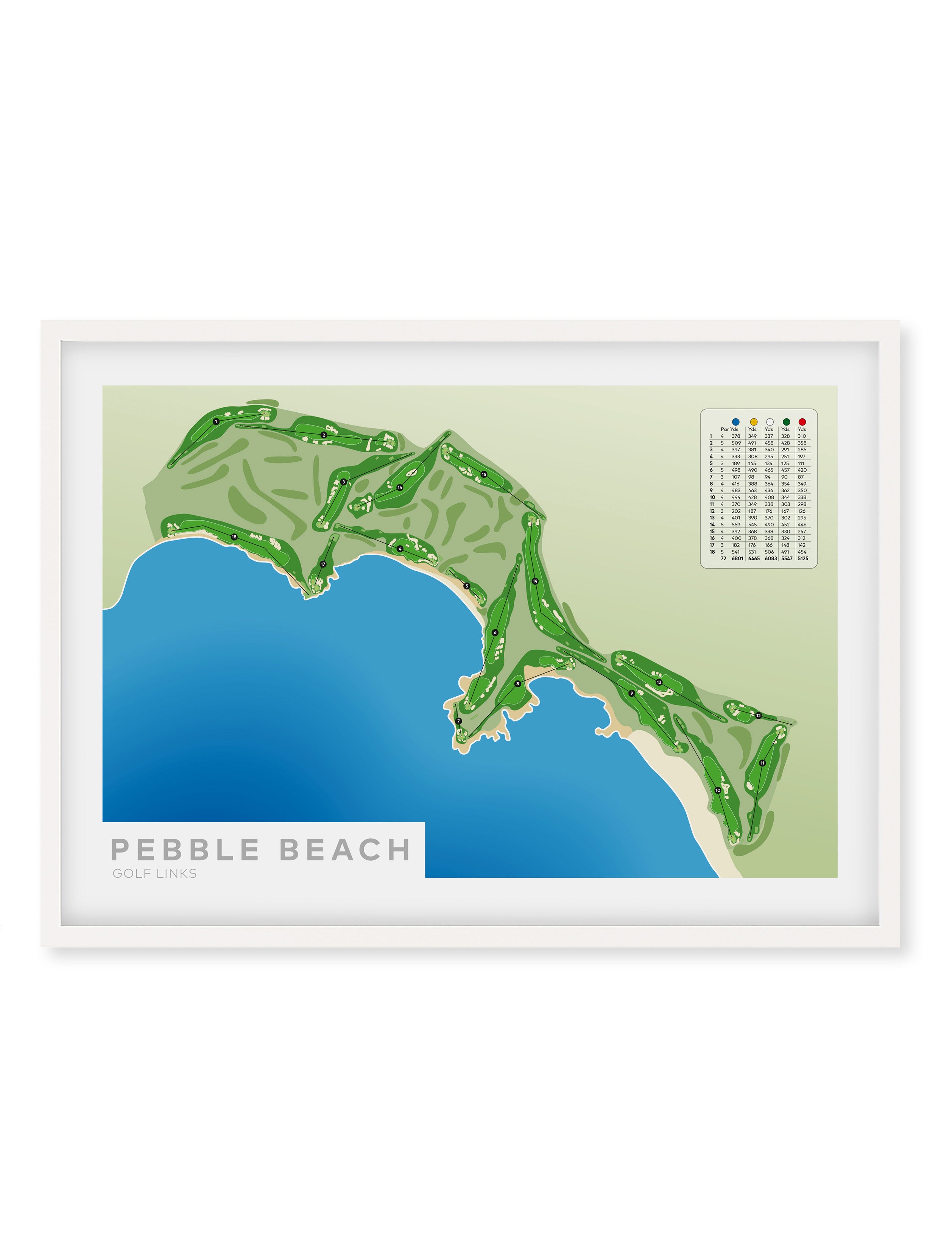 White Framed Minimalist fine art map of Pebble Beach Golf Course, California, USA