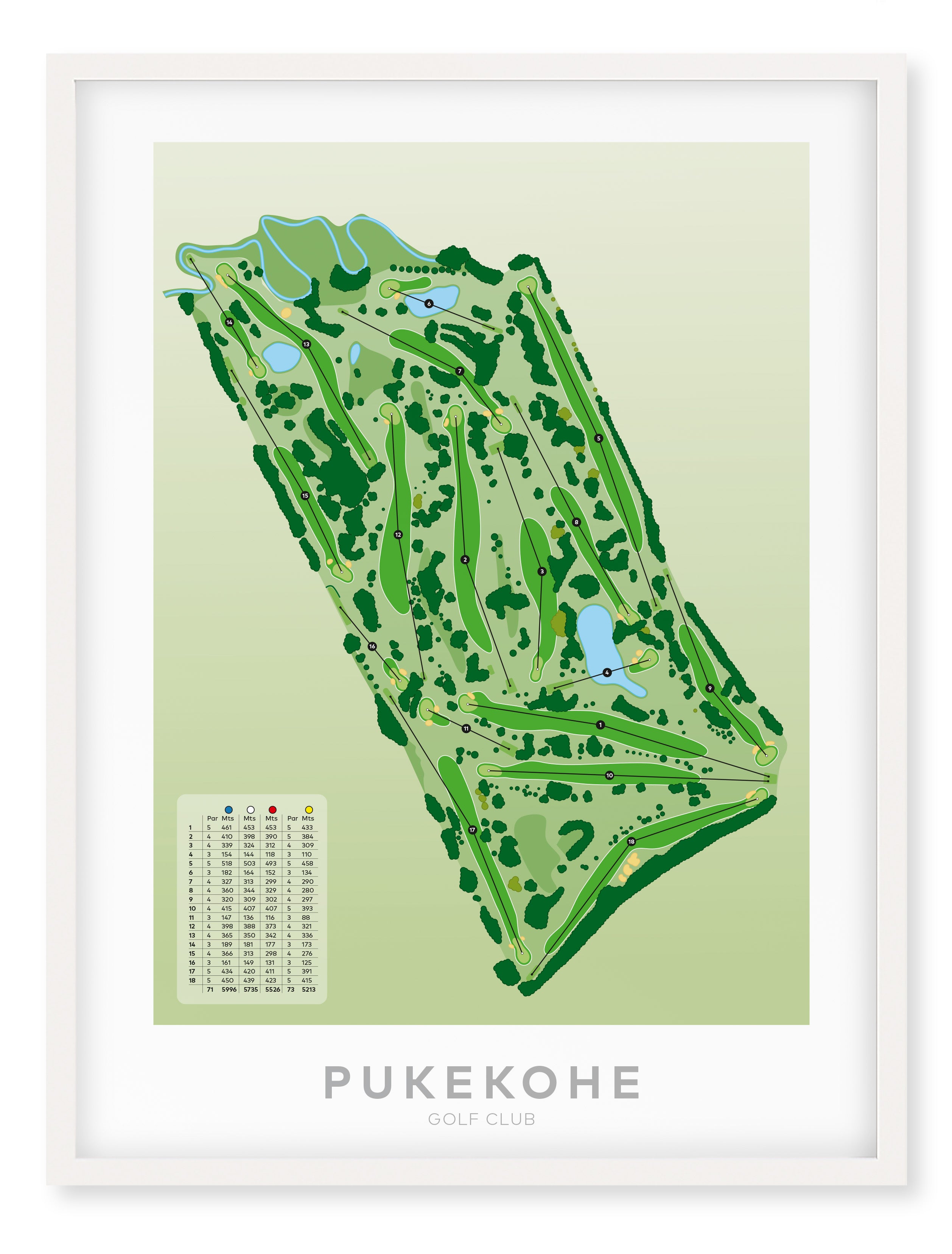 White framed Minimalist fine art map of Pukekohe Golf Course, South Auckland, New Zealand