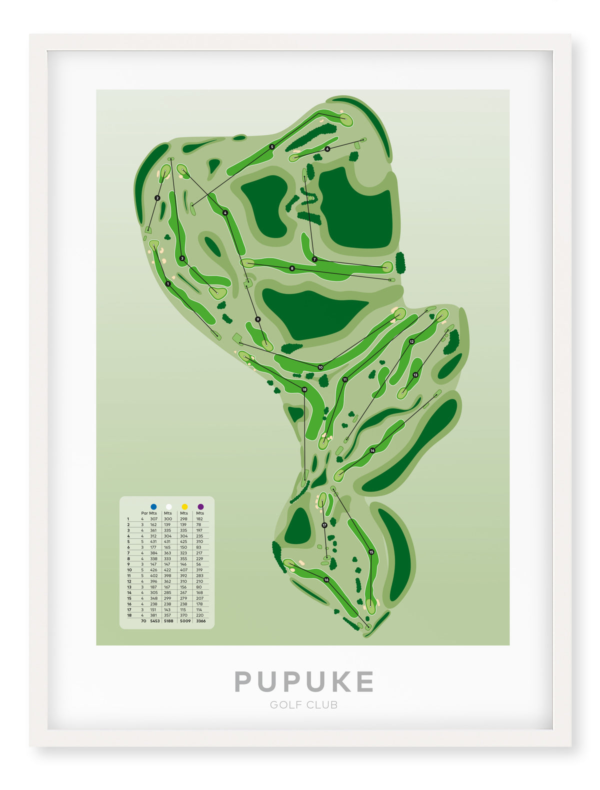 White framed Minimalist fine art map of Pupuke Golf Course, North Shore, Auckland, New Zealand