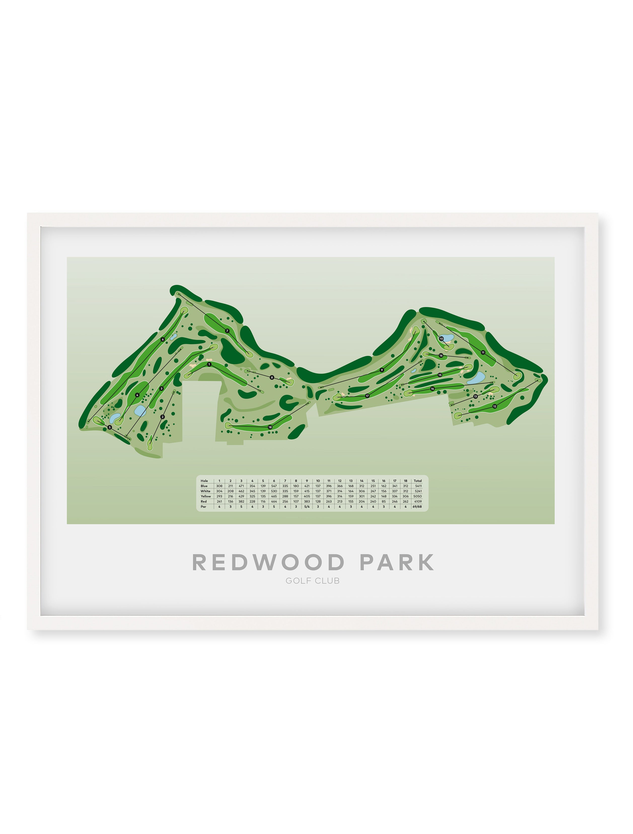 White framed golf course map print for Redwood Park Golf Club