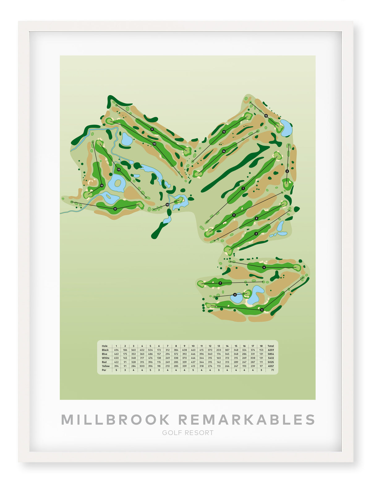 White framed minimalist fine art map of Millbrook - Remarkables Golf Course, Otago, Queenstown Lakes Region, New Zealand