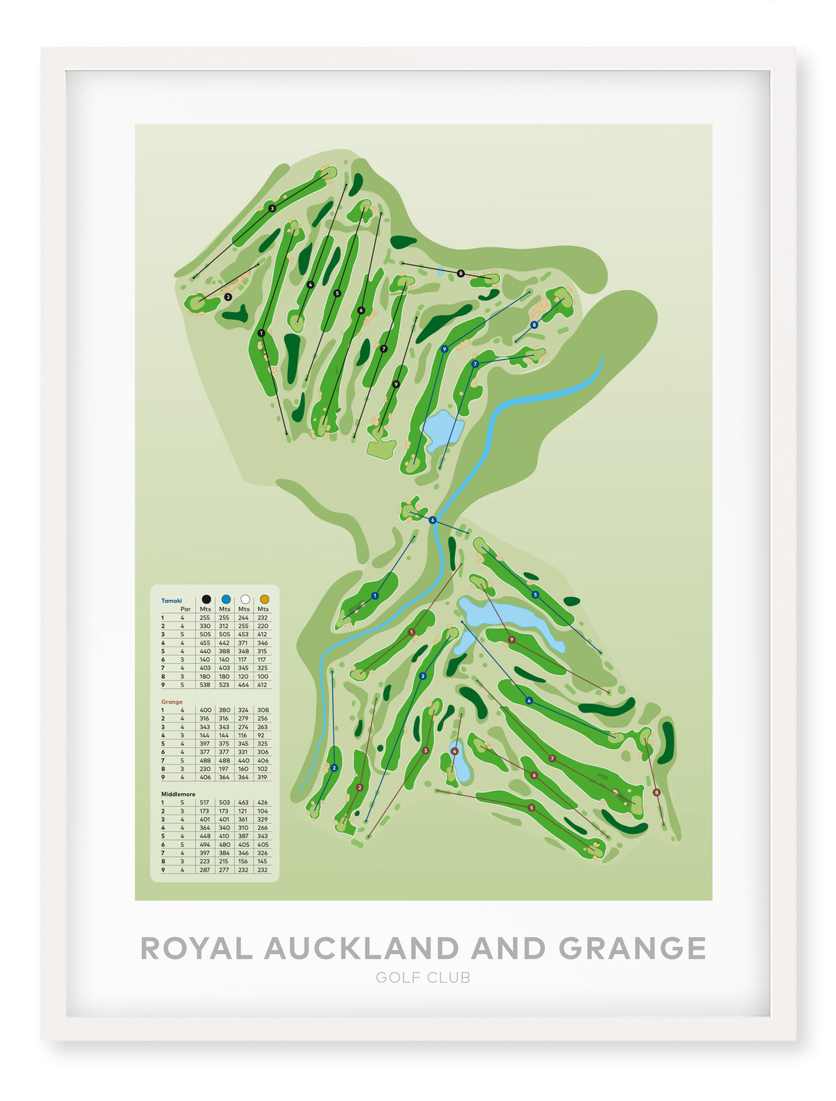 White framed Minimalist fine art map of Royal Auckland and Grange Golf Course, Auckland, New Zealand