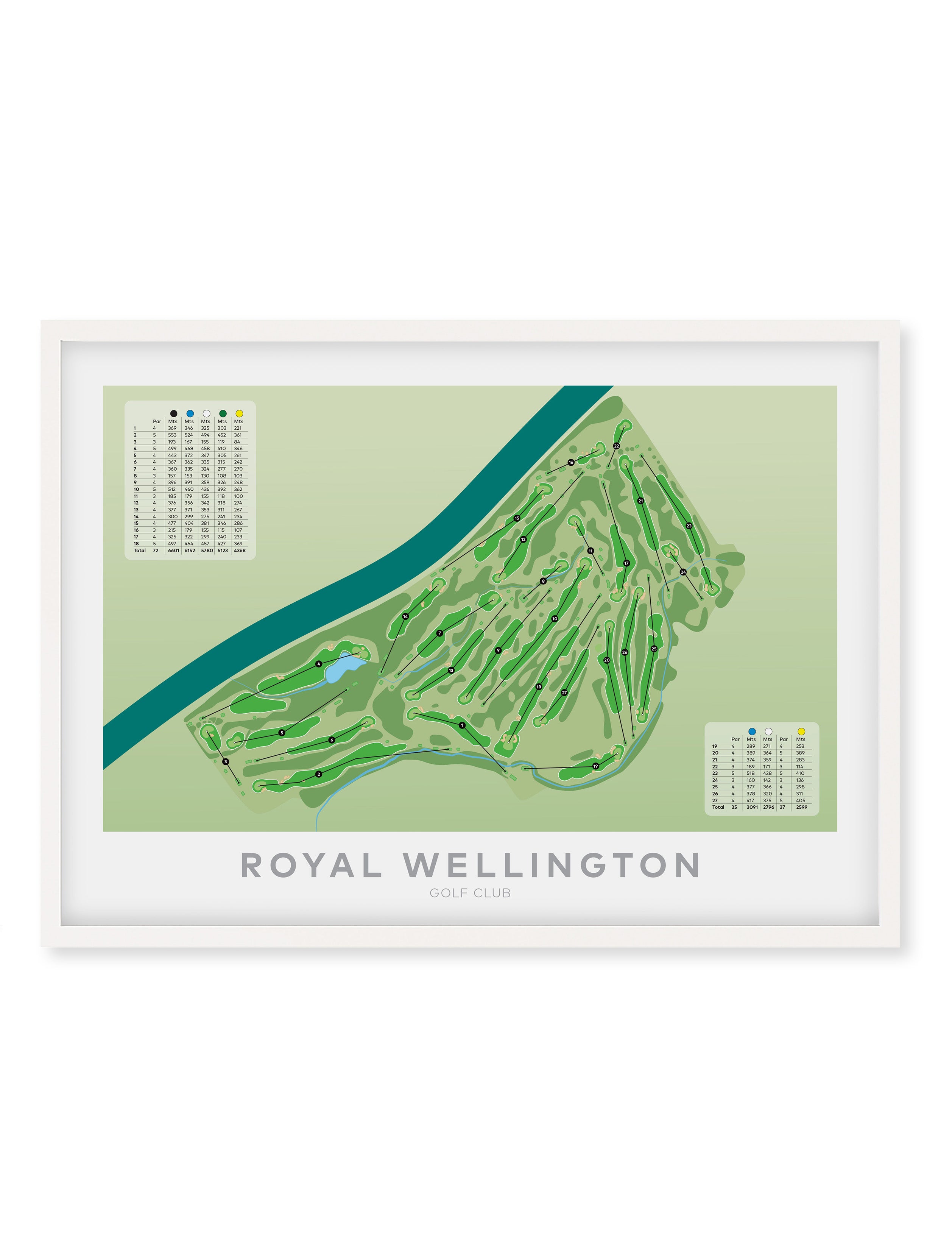 White Framed Minimalist fine art map of Royal Wellington Golf Course, New Zealand