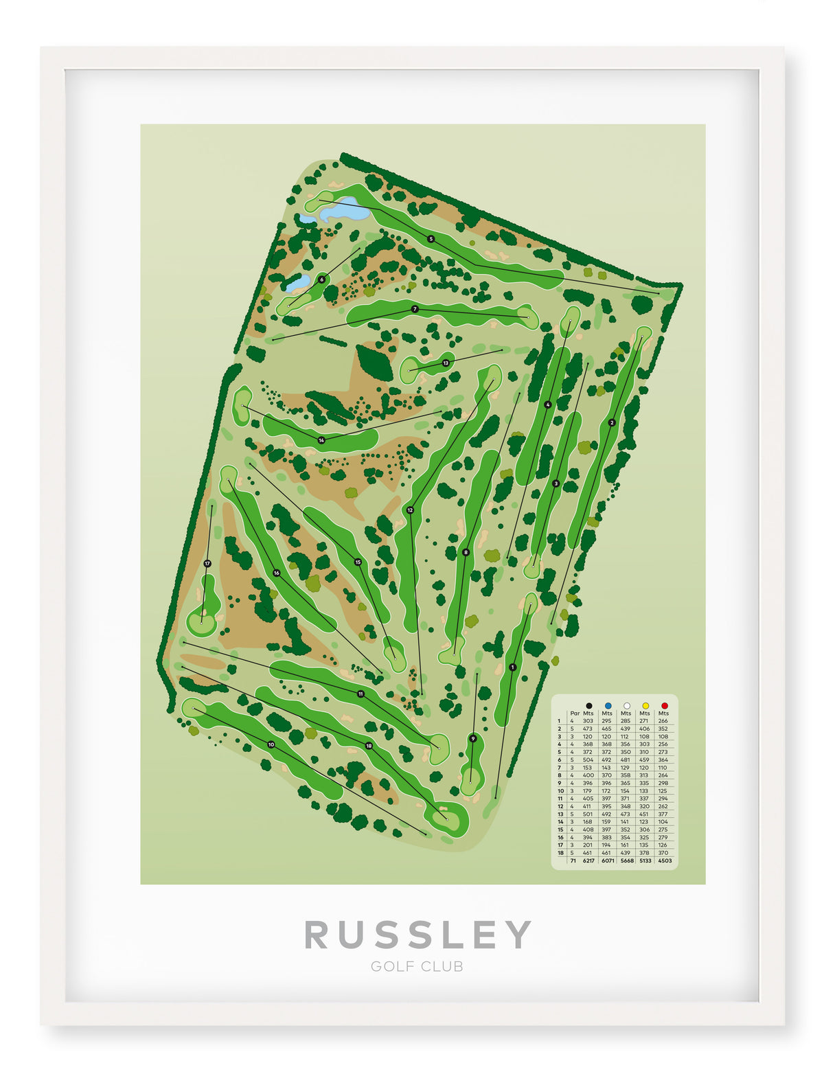 White framed Minimalist fine art map of Russley Golf Course, Christchurch, Canterbury, New Zealand