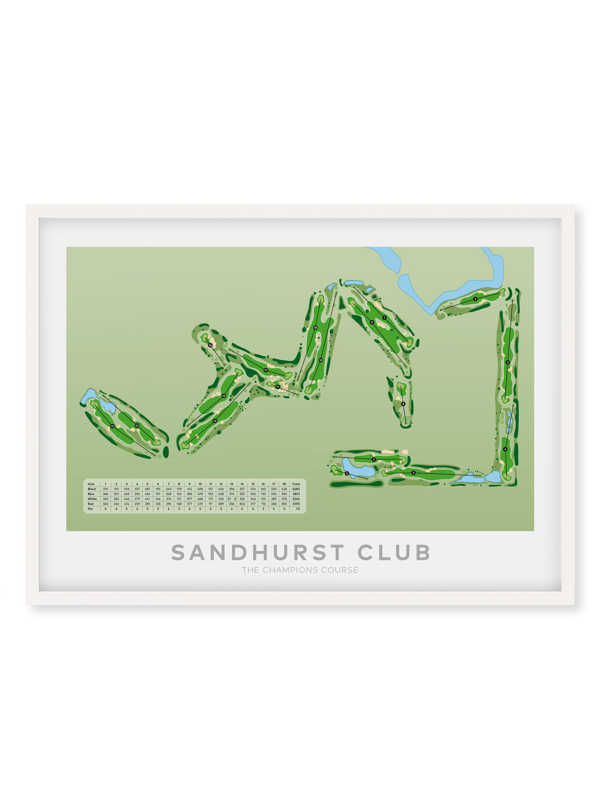 White Framed Minimalist fine art map of Sandhurst Champs Golf Course, Melbourne, Victoria, Australia-australia-golf-art