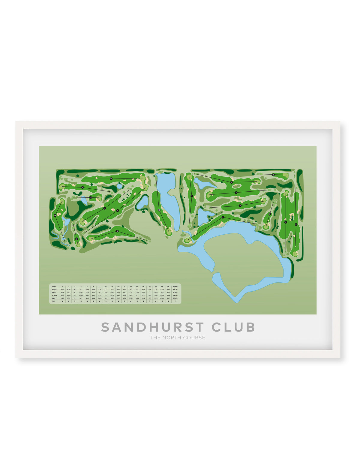 White Framed Minimalist fine art map of Sandhurst North Golf Course, Melbourne, Victoria, -australia-golf-art