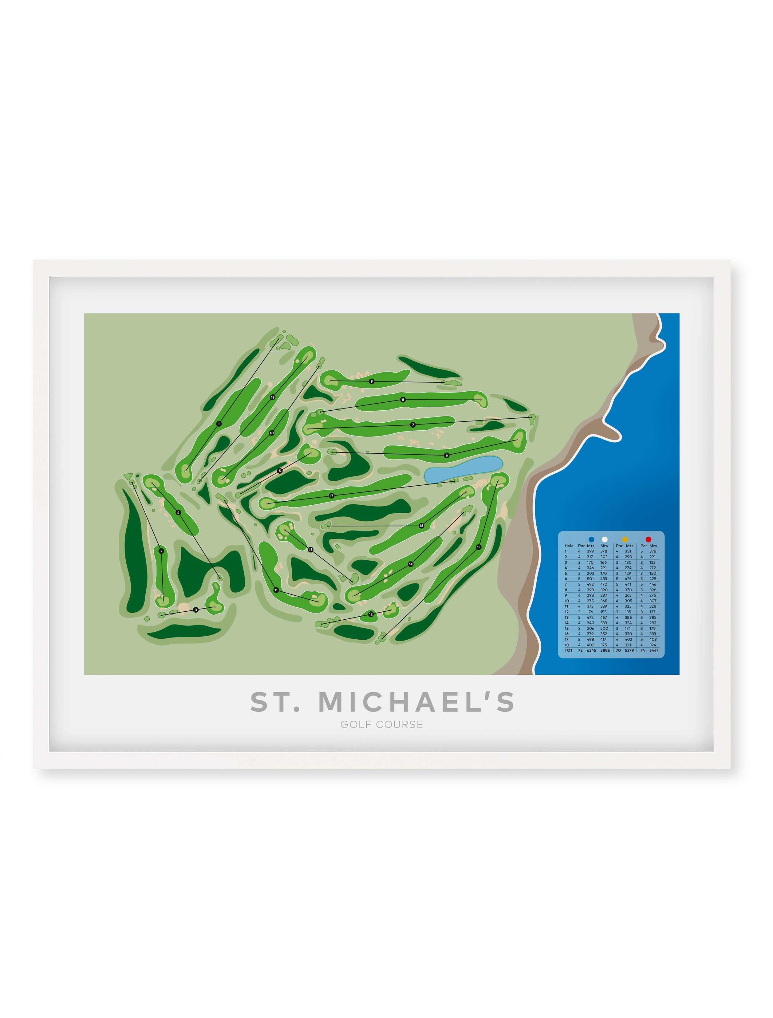 White framed Minimalist fine art map of St Michael's Golf Course, Sydney, New South Wales, -australia-golf-art