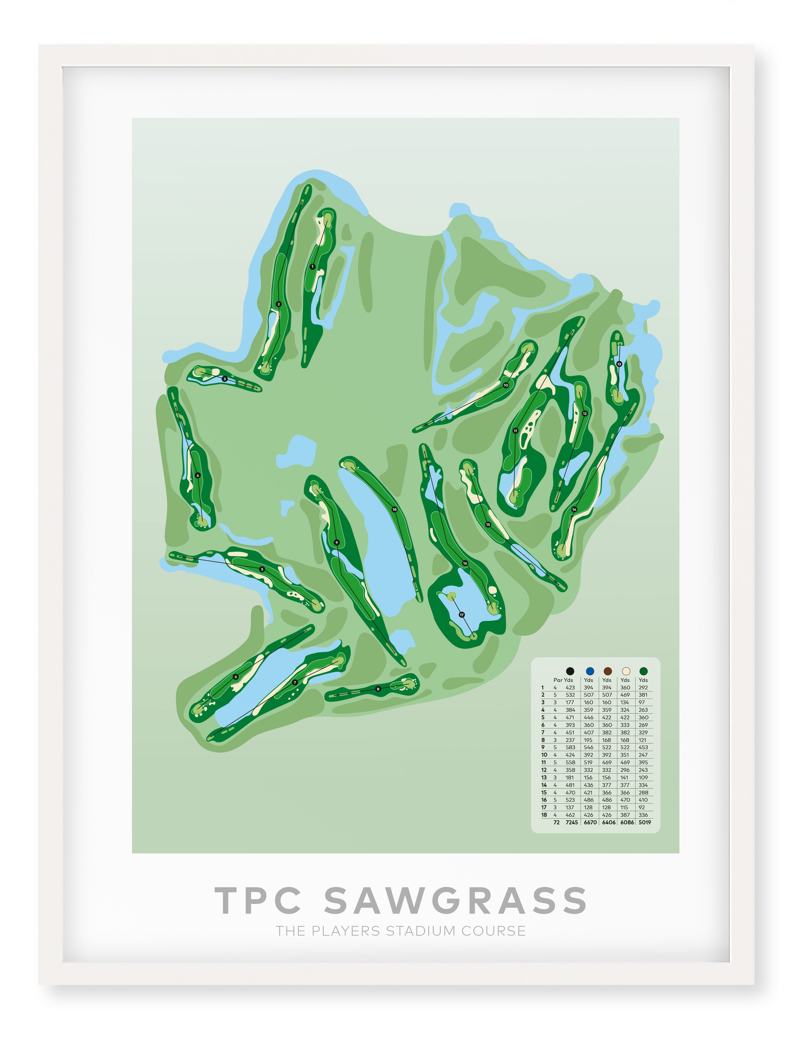 White framed Minimalist fine art map of TPC Sawgrass Golf Course, Ponte Vedra Beach, Florida, USA