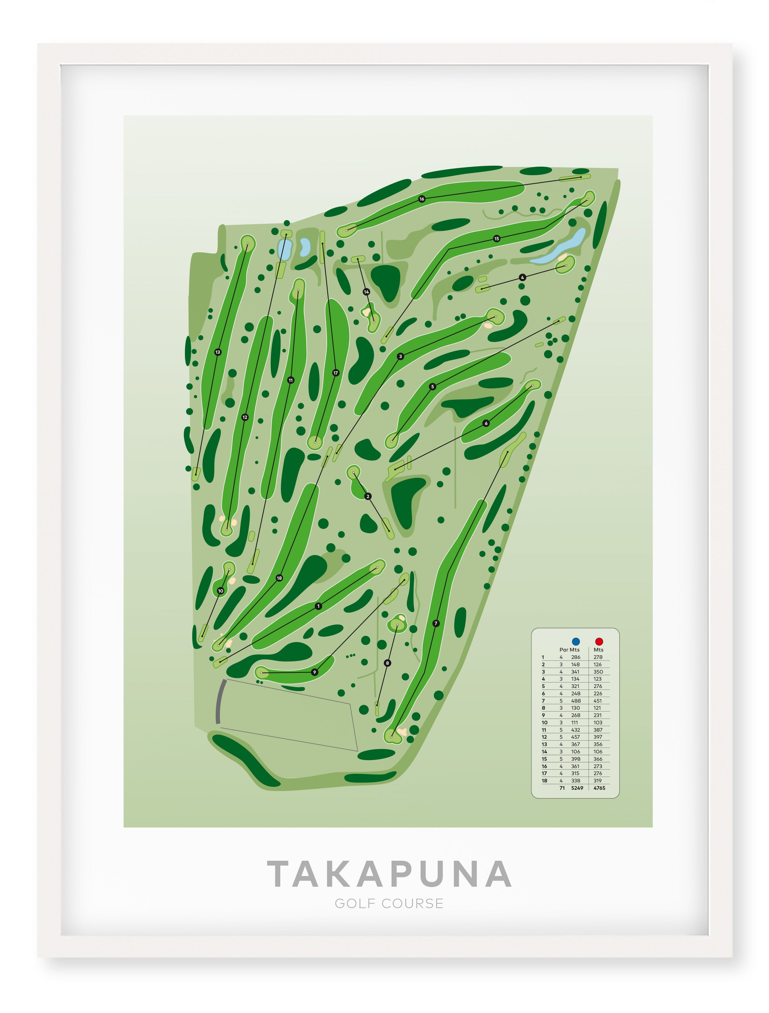 White framed Minimalist fine art map of Takapuna Golf Course, Auckland, New Zealand