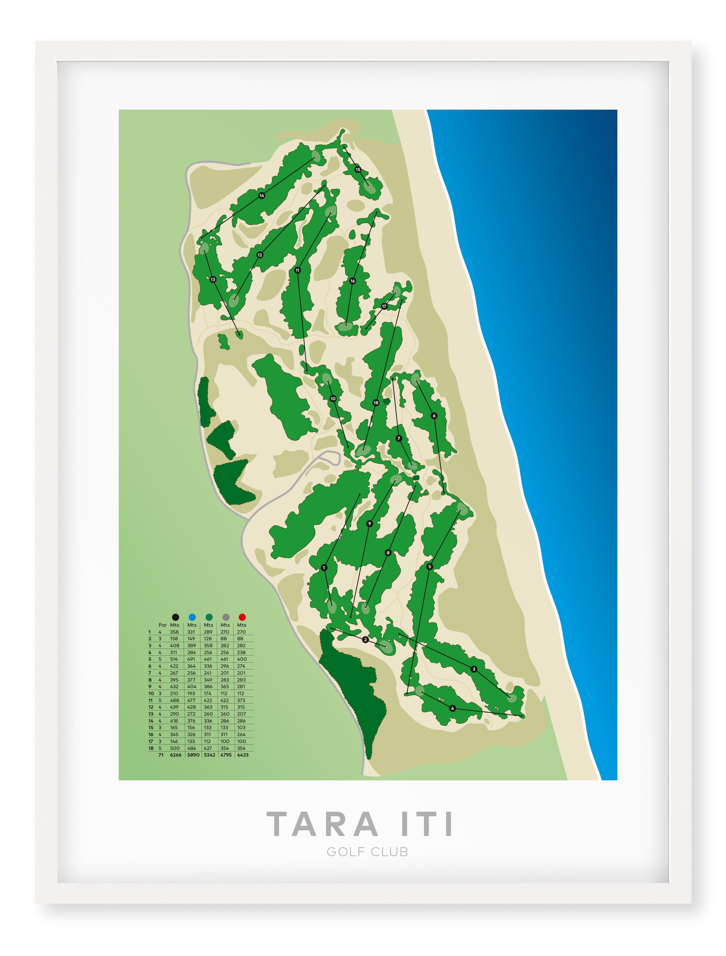 White framed Minimalist fine art map of Tara Iti Golf Course, Northland, New Zealand