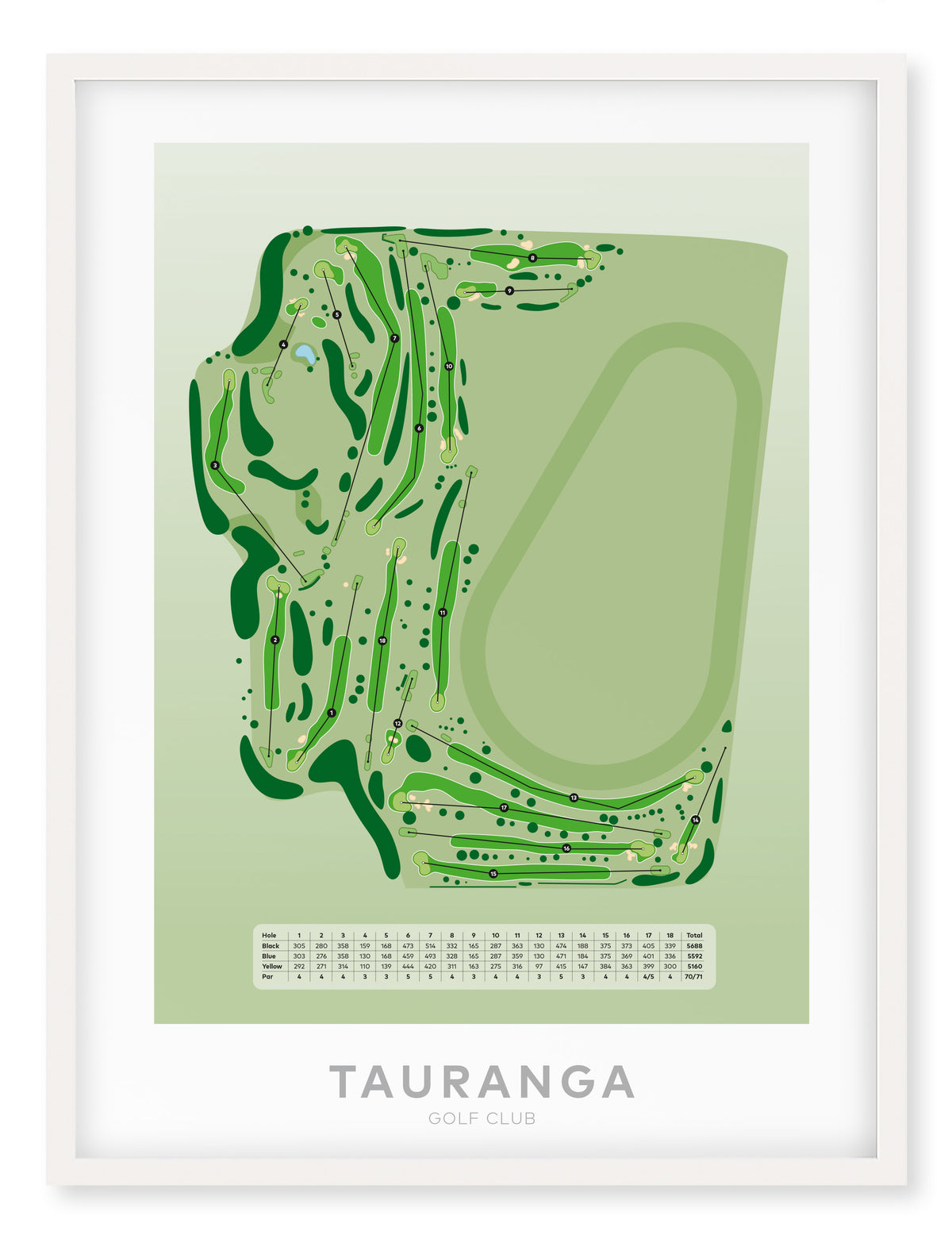 White framed Minimalist fine art map of Tauranga Golf Course, Bay of Plenty, New Zealand