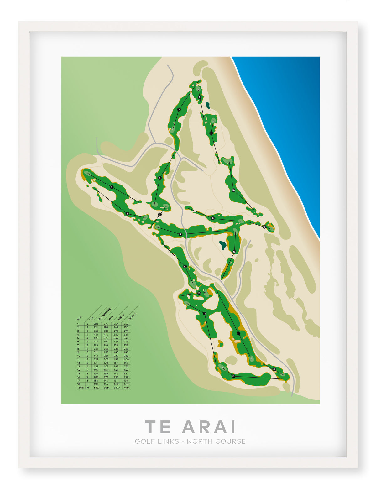 White framed Minimalist fine art map of Te Arai - North Golf Course, Northland, New Zealand