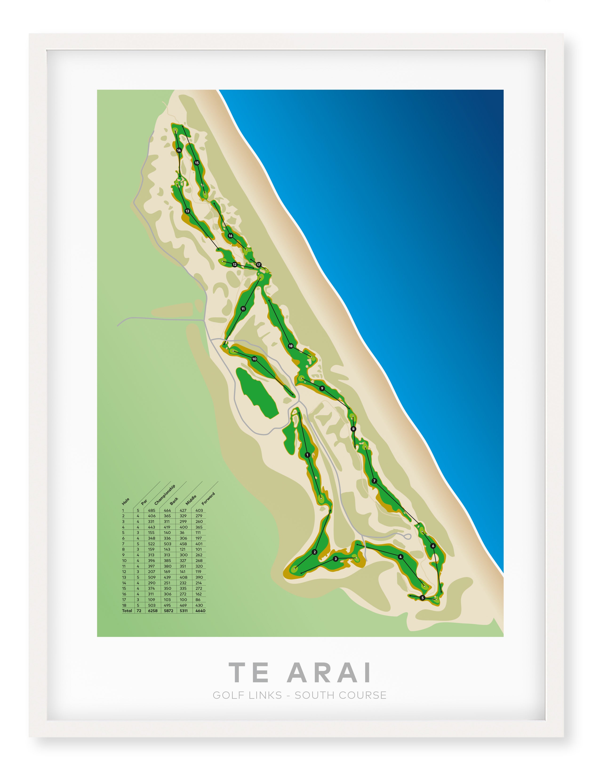 White framed Minimalist fine art map of Te Arai - South Golf Course, Northland, New Zealand