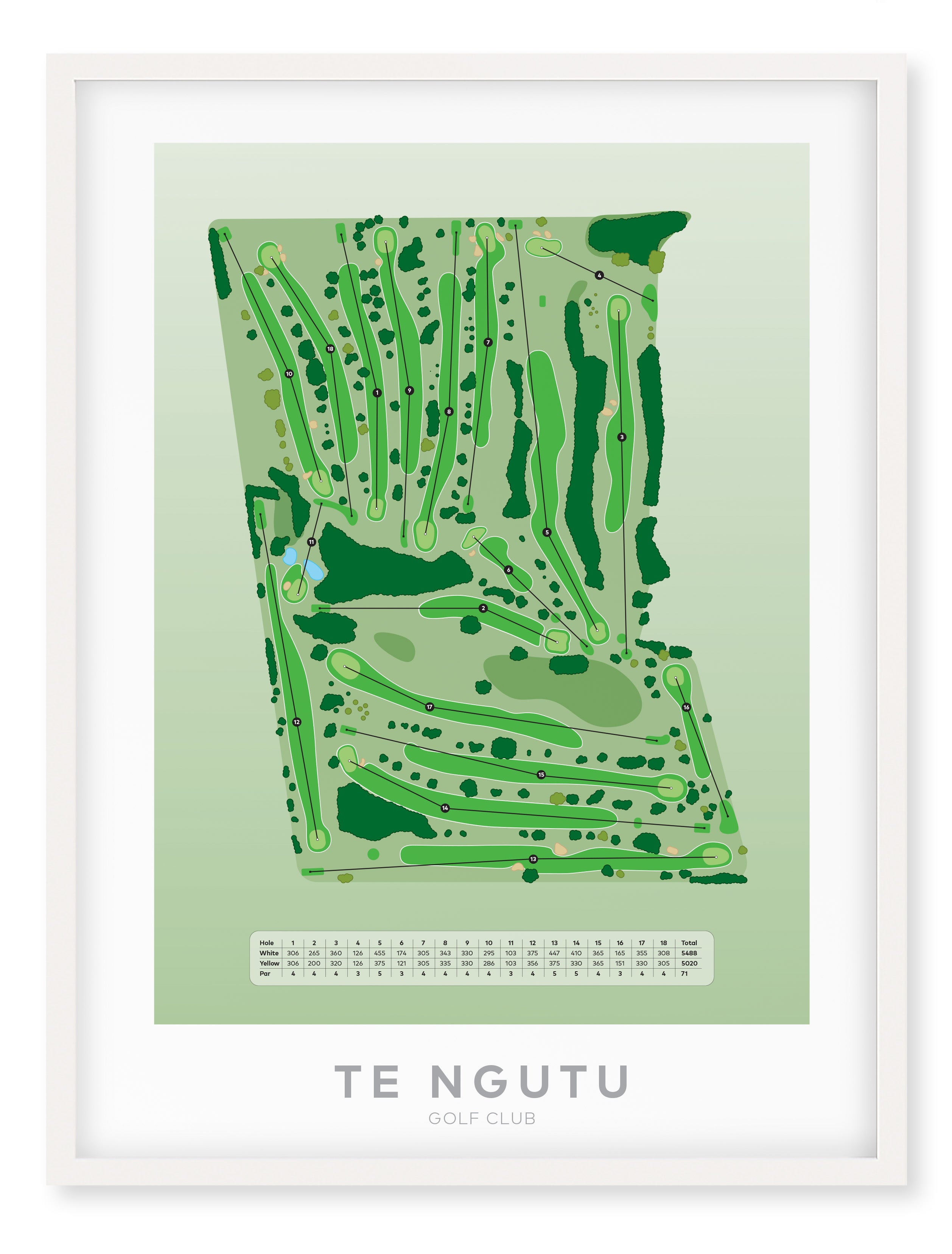 White framed Minimalist fine art map of Te Ngutu Golf Course, Taranaki, New Zealand