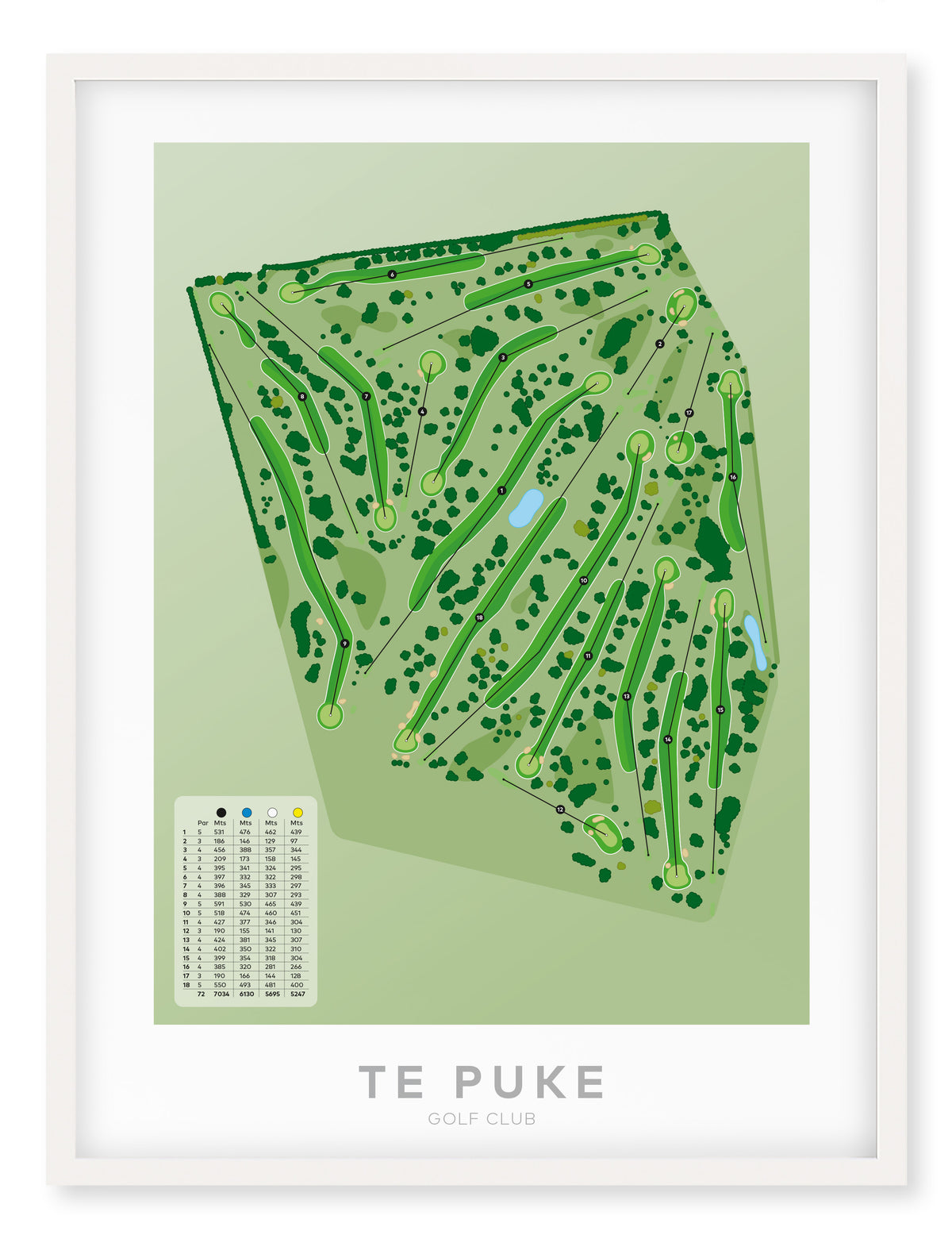 White framed Minimalist fine art map of Te Puke Golf Course, Bay of Plenty, New Zealand
