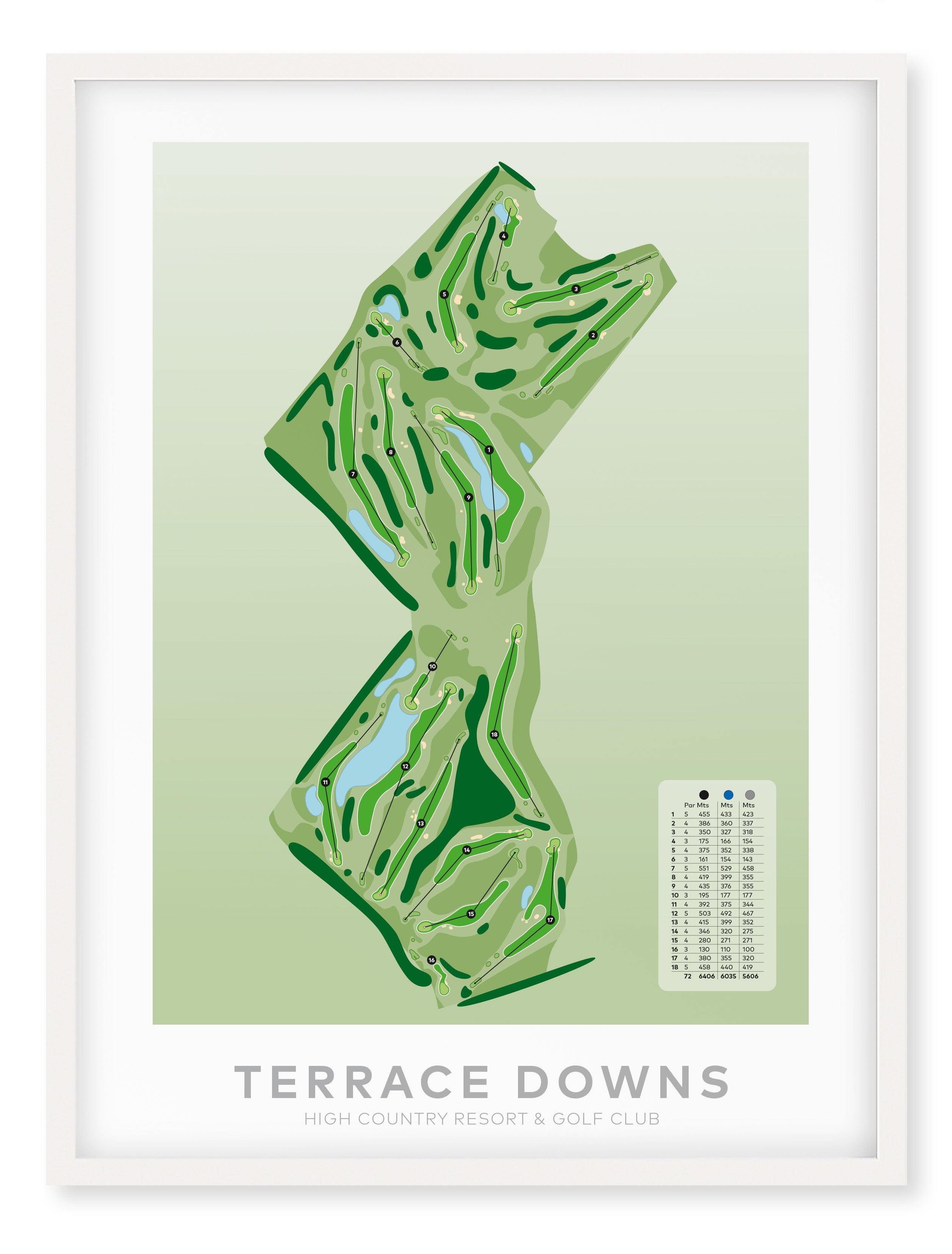 White framed Minimalist fine art map of Terrace Downs Golf Course, Canterbury, New Zealand
