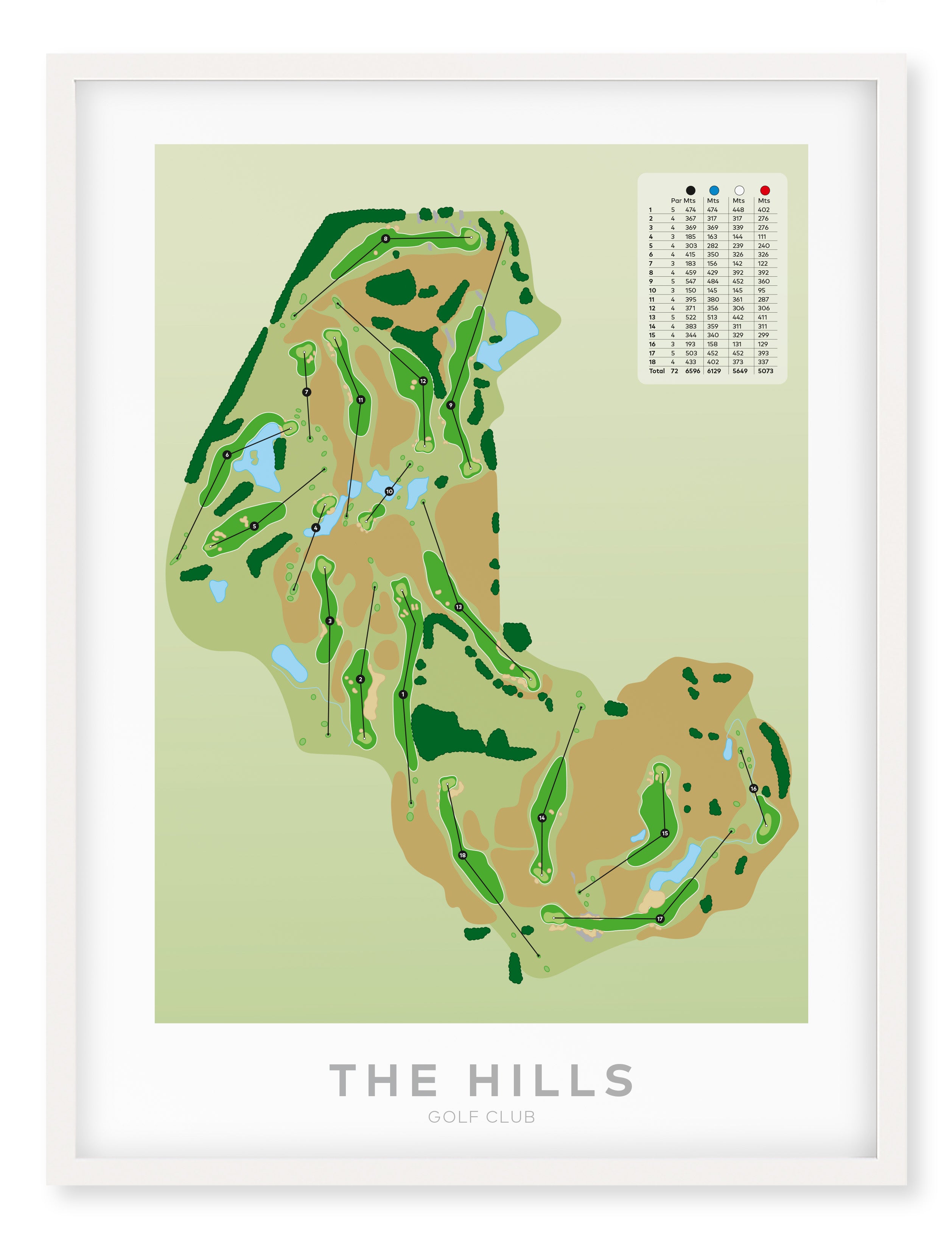 White framed Minimalist fine art map of The Hills Golf Course, Queenstown Lakes region, Otago, New Zealand