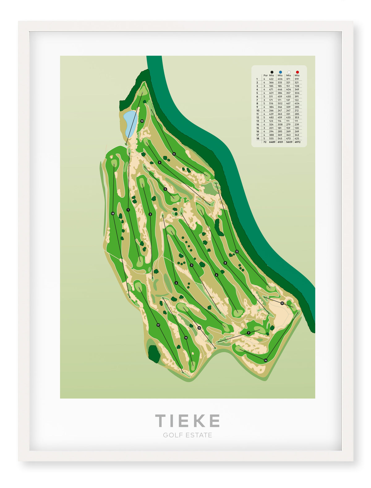 White framed Minimalist fine art map of Tieke Golf Course, Hamilton, Waikato, New Zealand