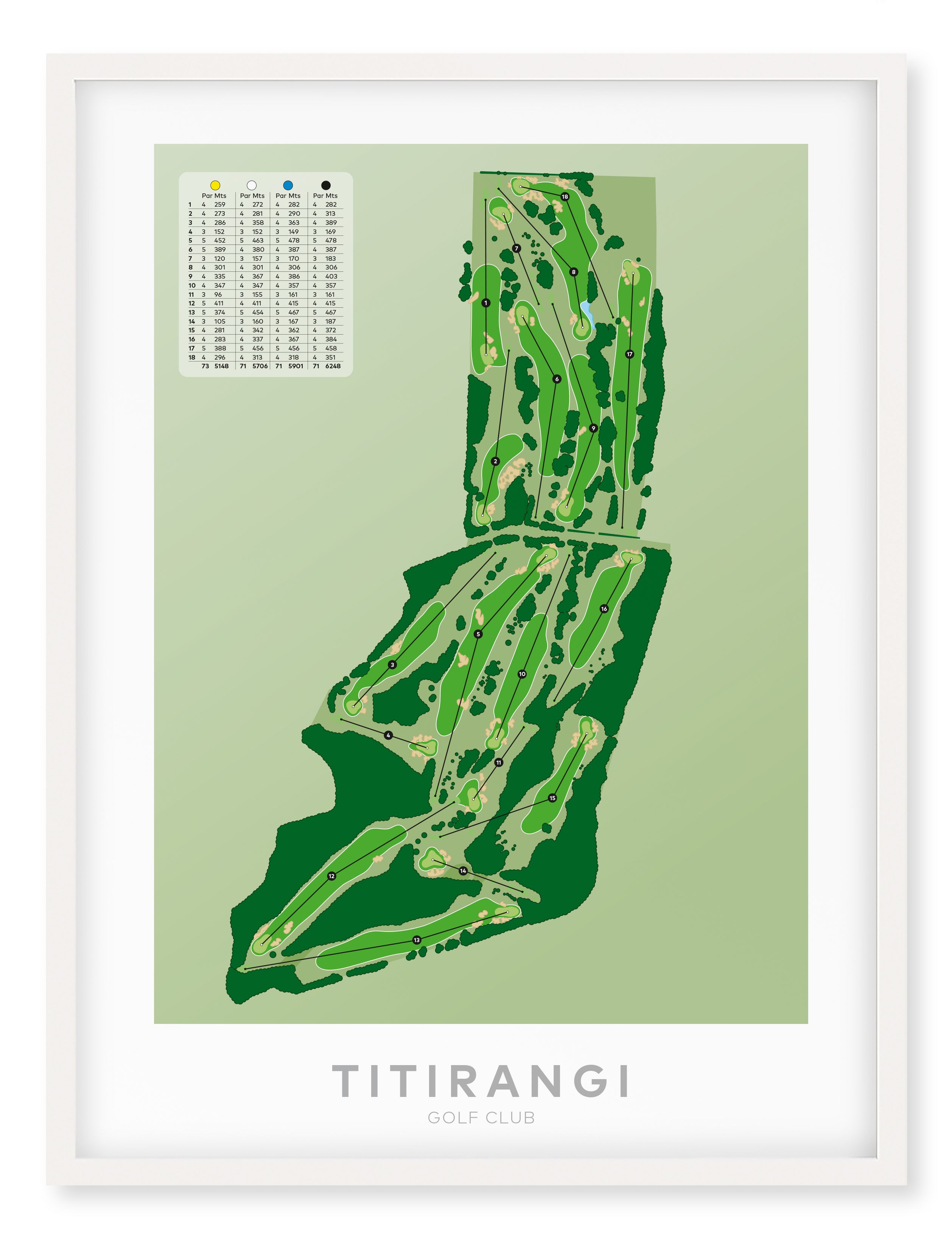 White framed Minimalist fine art map of Titirangi Golf Course, Auckland, New Zealand