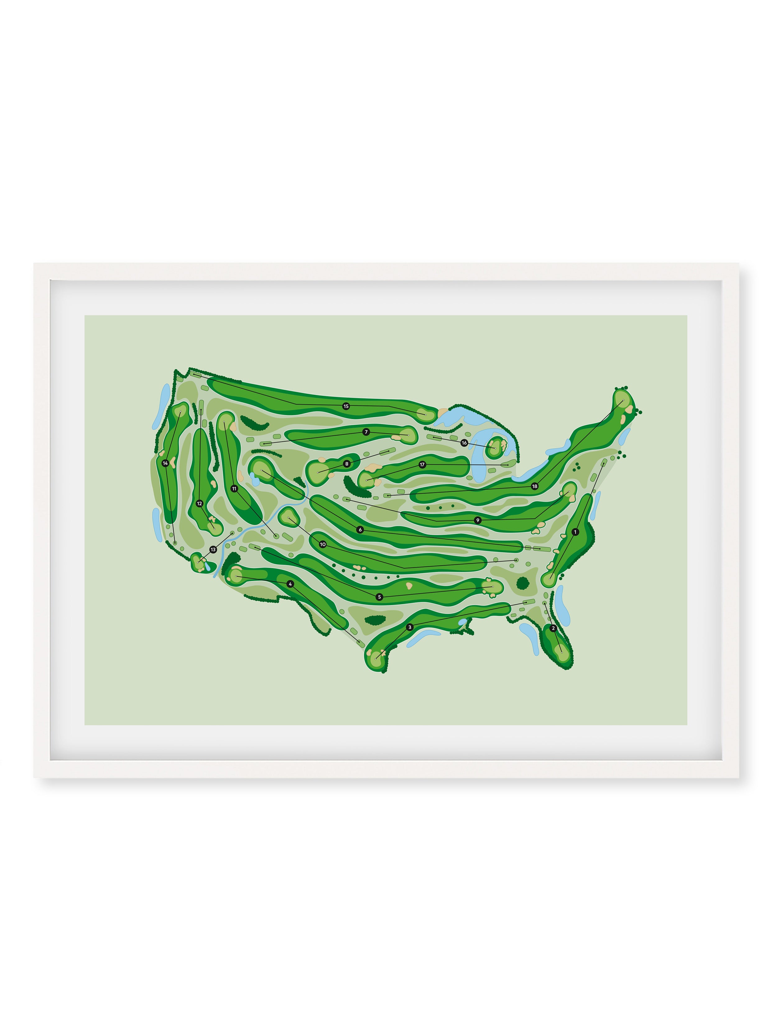 White Framed Minimalist fine art map of USA shaped Golf Course, A hand-drawn golf map in the outline of the USA